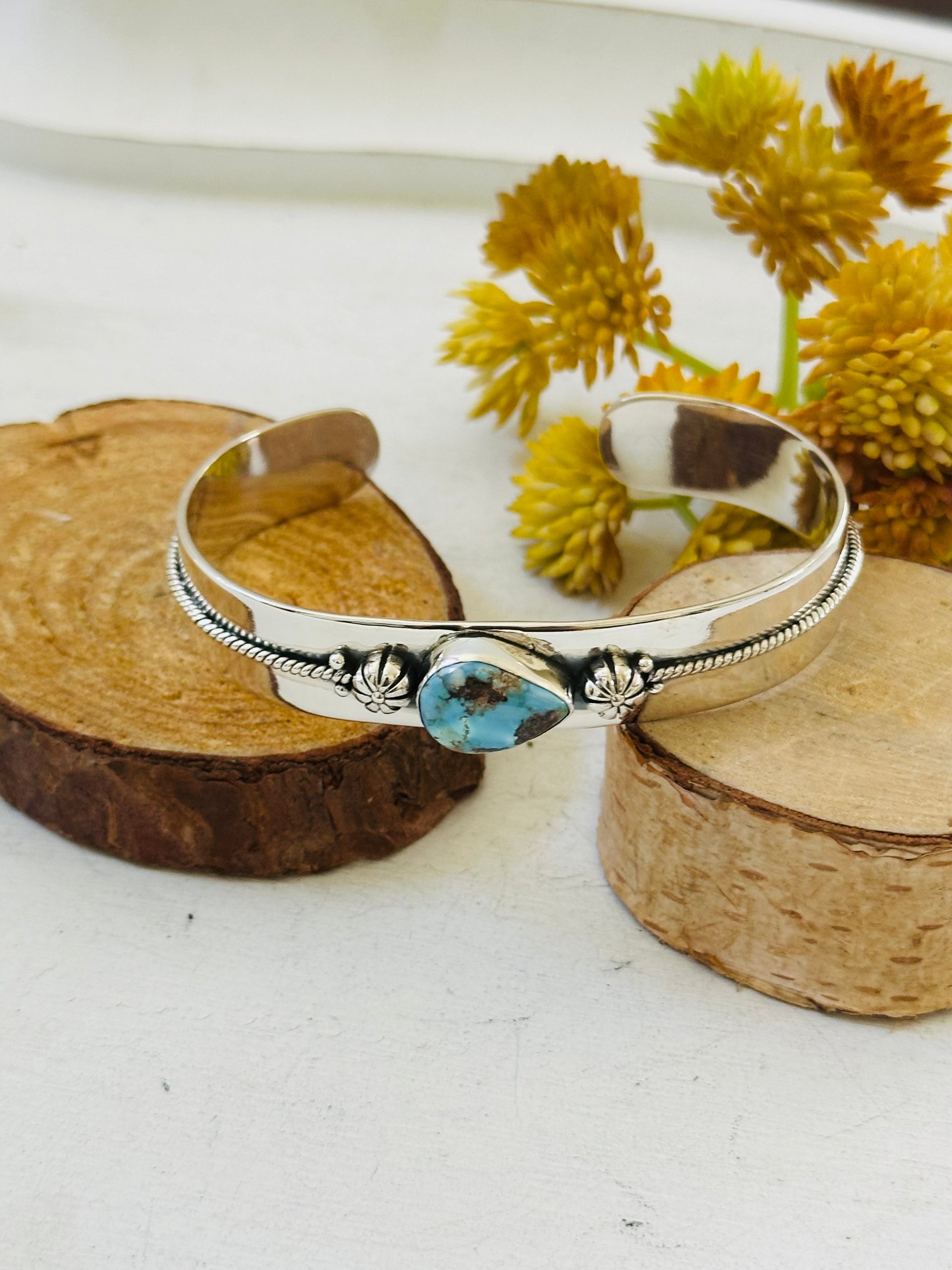 Southwest Made Golden Hills Turquoise & Sterling Silver Cuff Bracelet