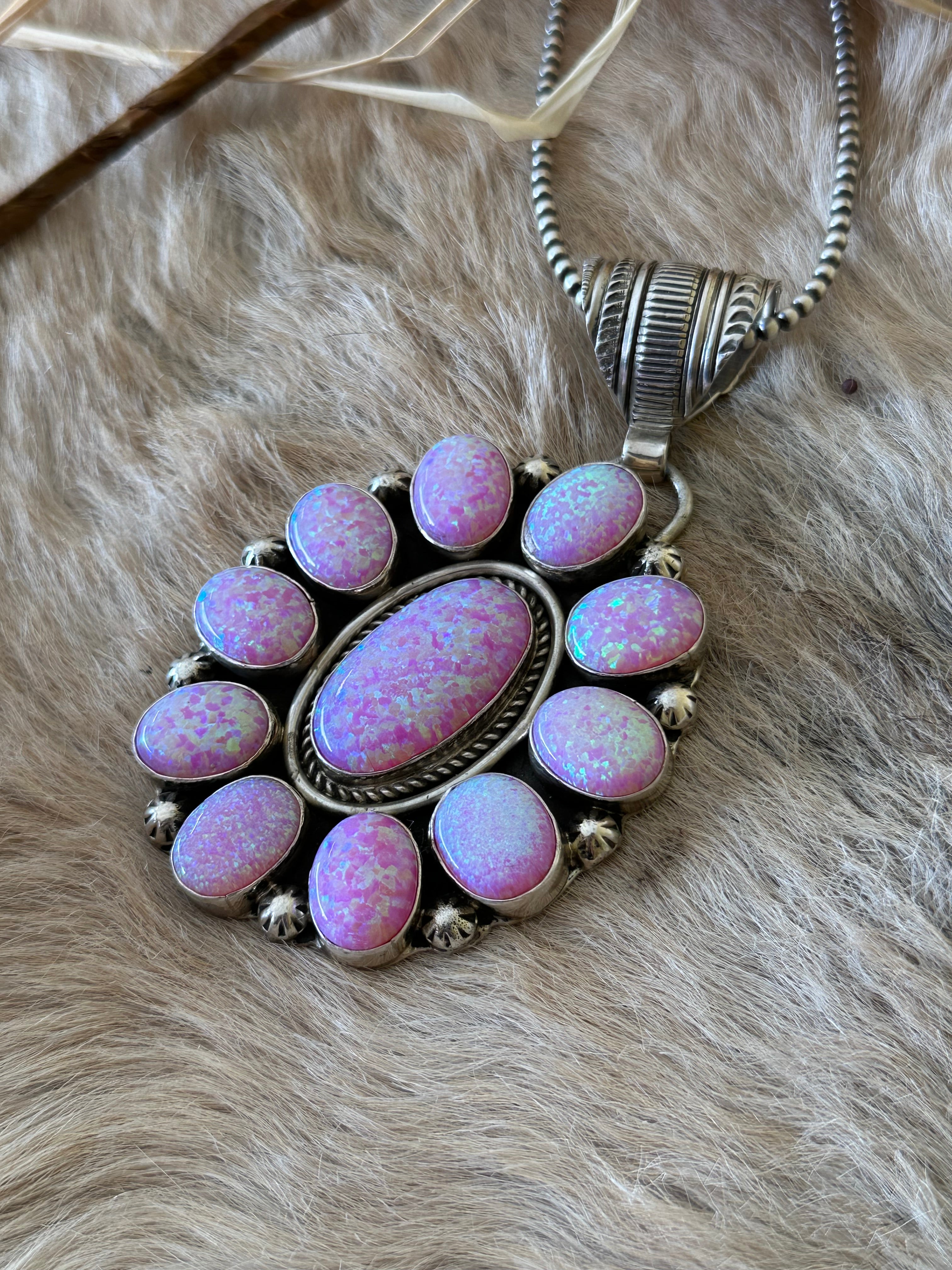 Navajo Made Purple Opal & Sterling Silver Cluster Pendant