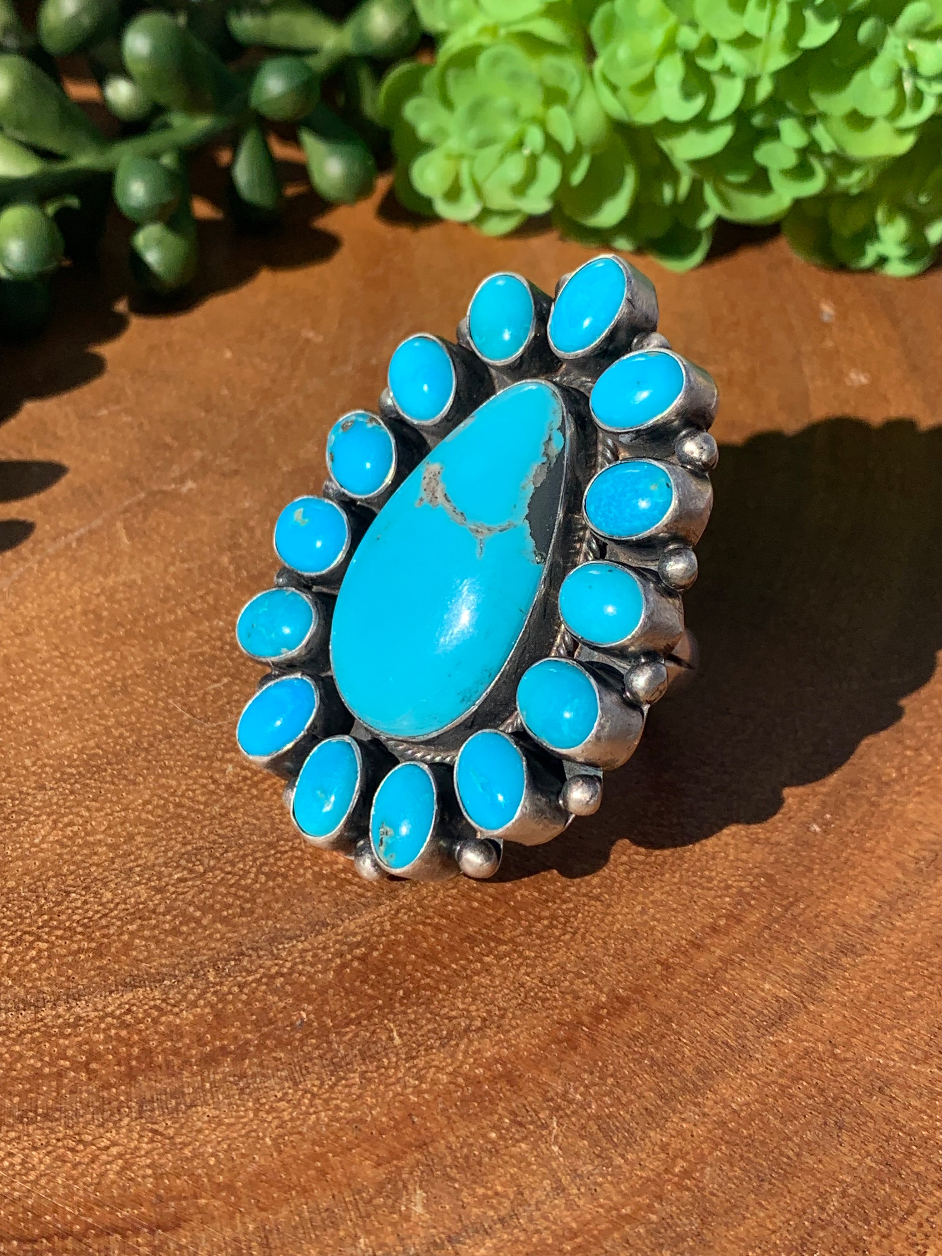 Travis J Navajo Made Kingman Turquoise & Sterling Silver Ring Size 10