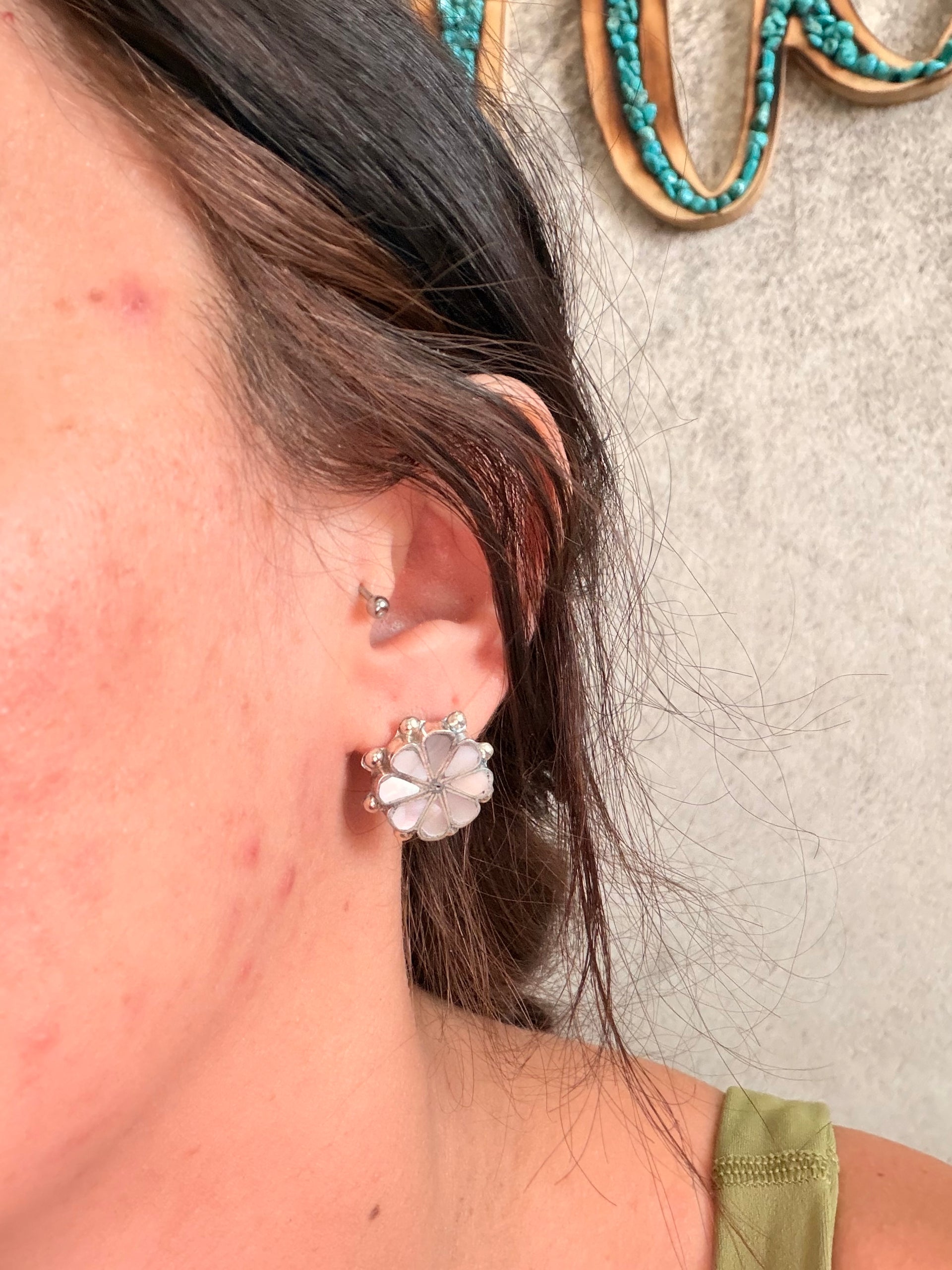 Zuni Made Mother of Pearl & Sterling Silver Inlay Post Earrings