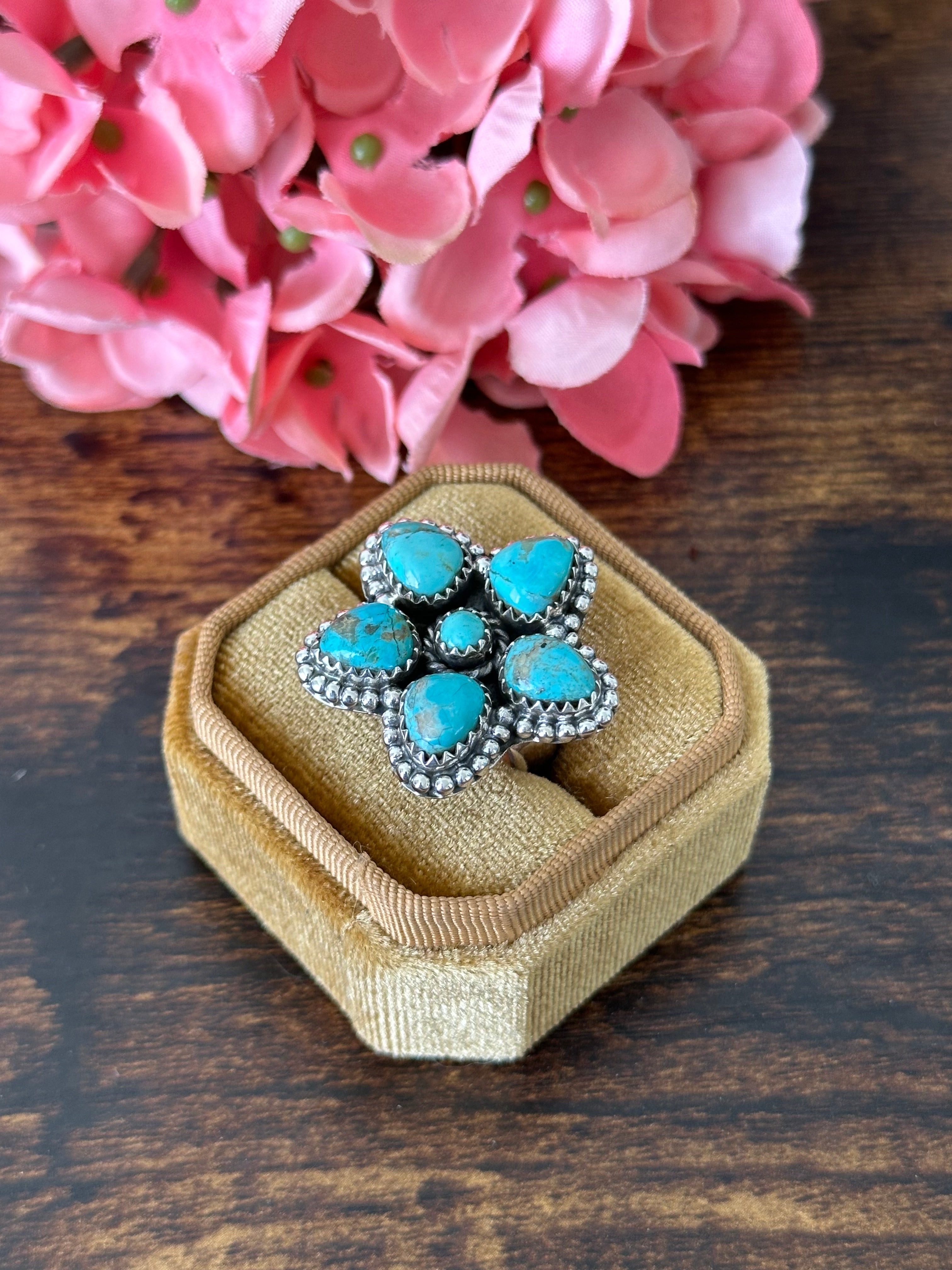 Southwest Handmade Kingman Turquoise & Sterling Silver Cluster Adjustable Ring