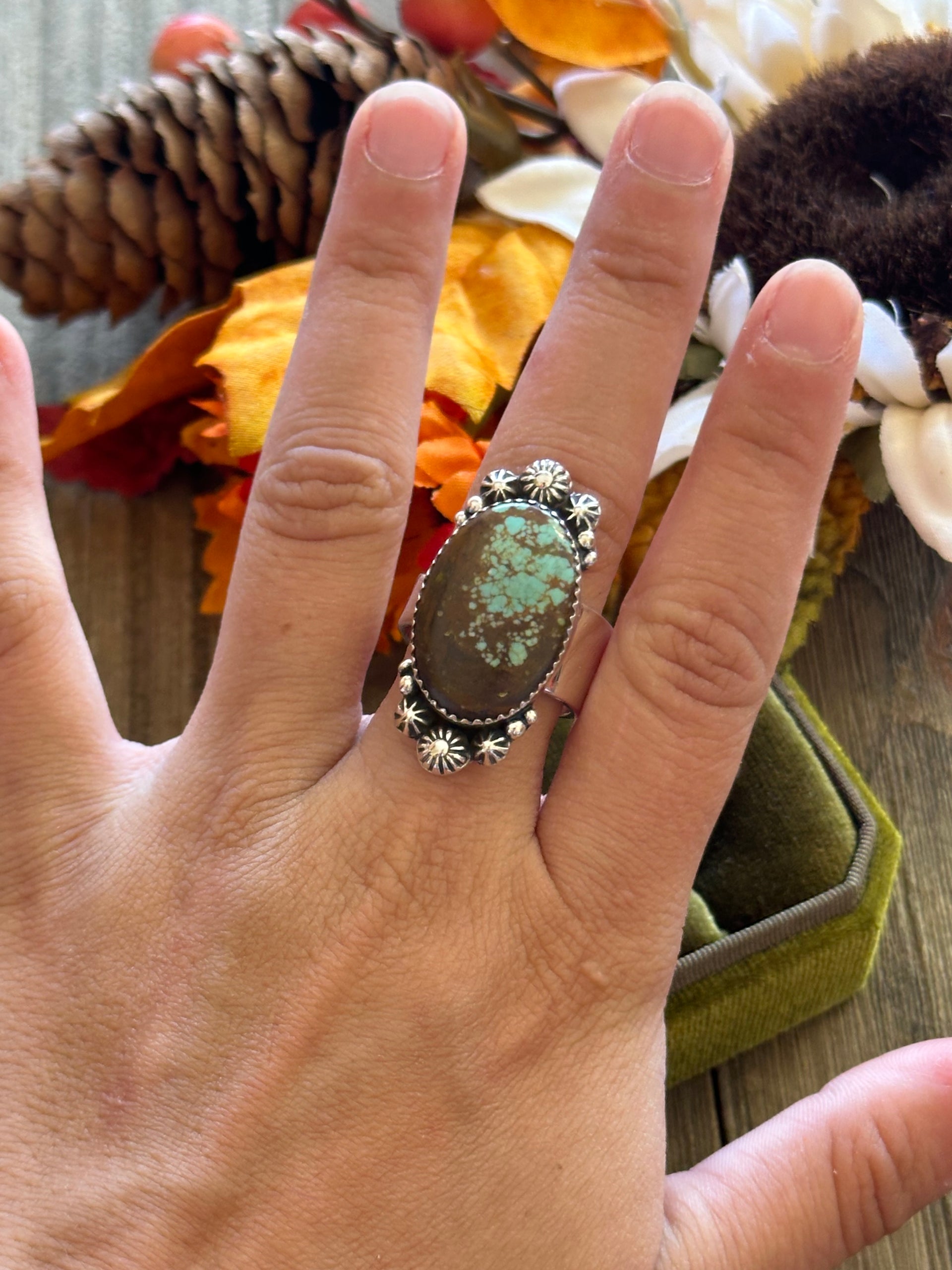 Southwest Handmade #8 Turquoise & Sterling Silver Adjustable Ring