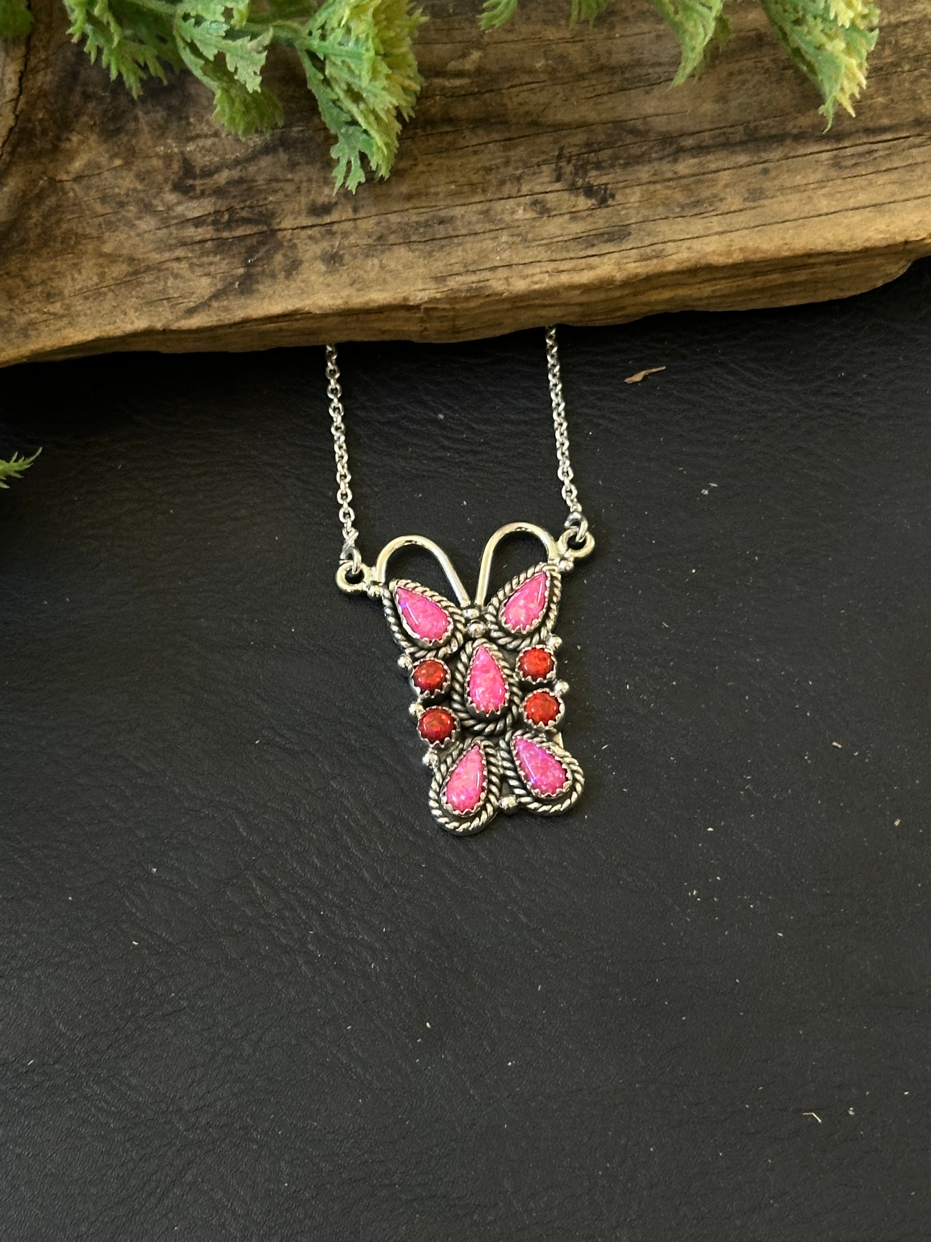 TTD “K’aalógii” Pink/Red Opal & Sterling Silver Cluster Necklace