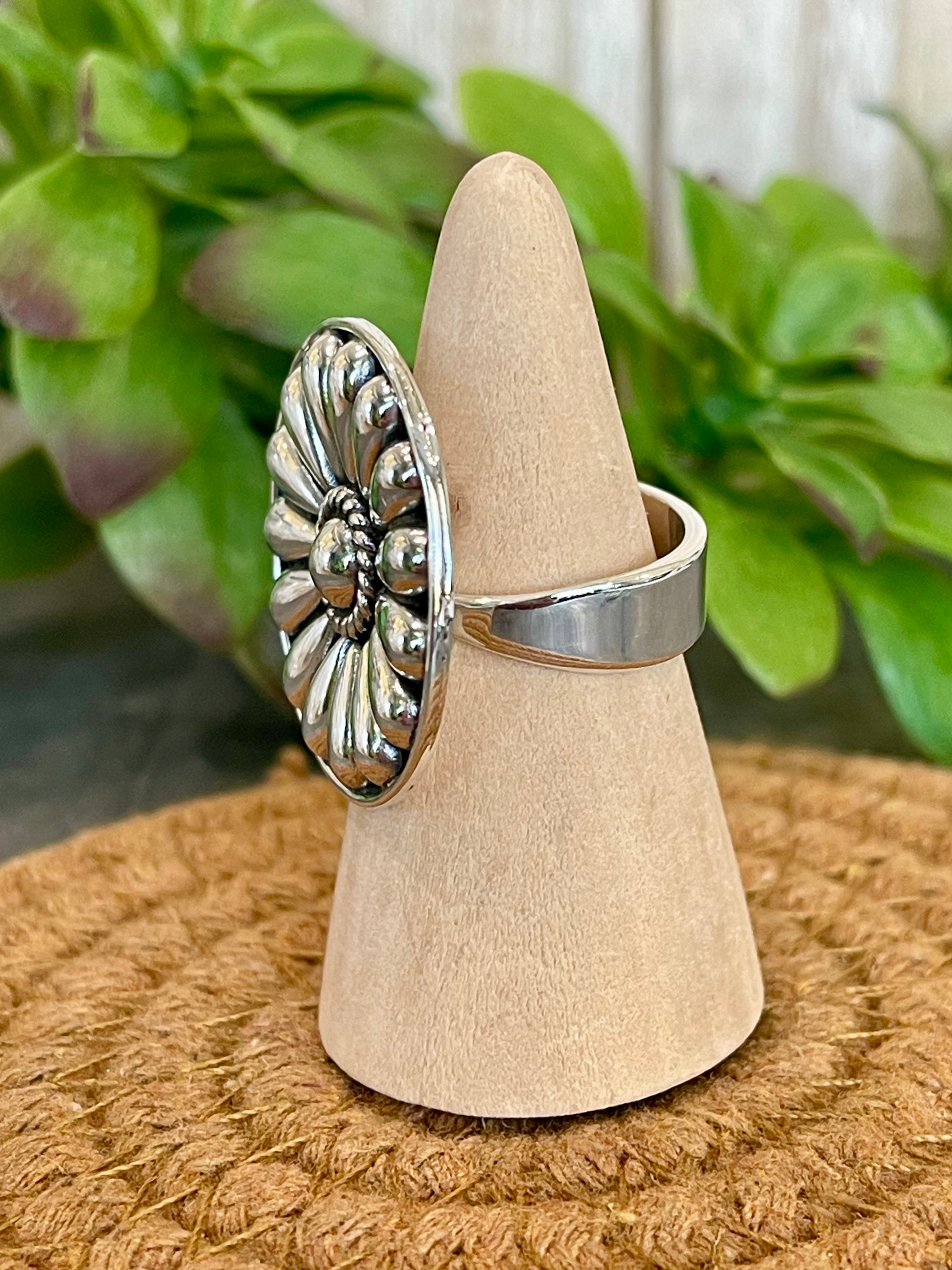 Southwest Handmade Sterling Silver Flower Circle Adjustable Ring