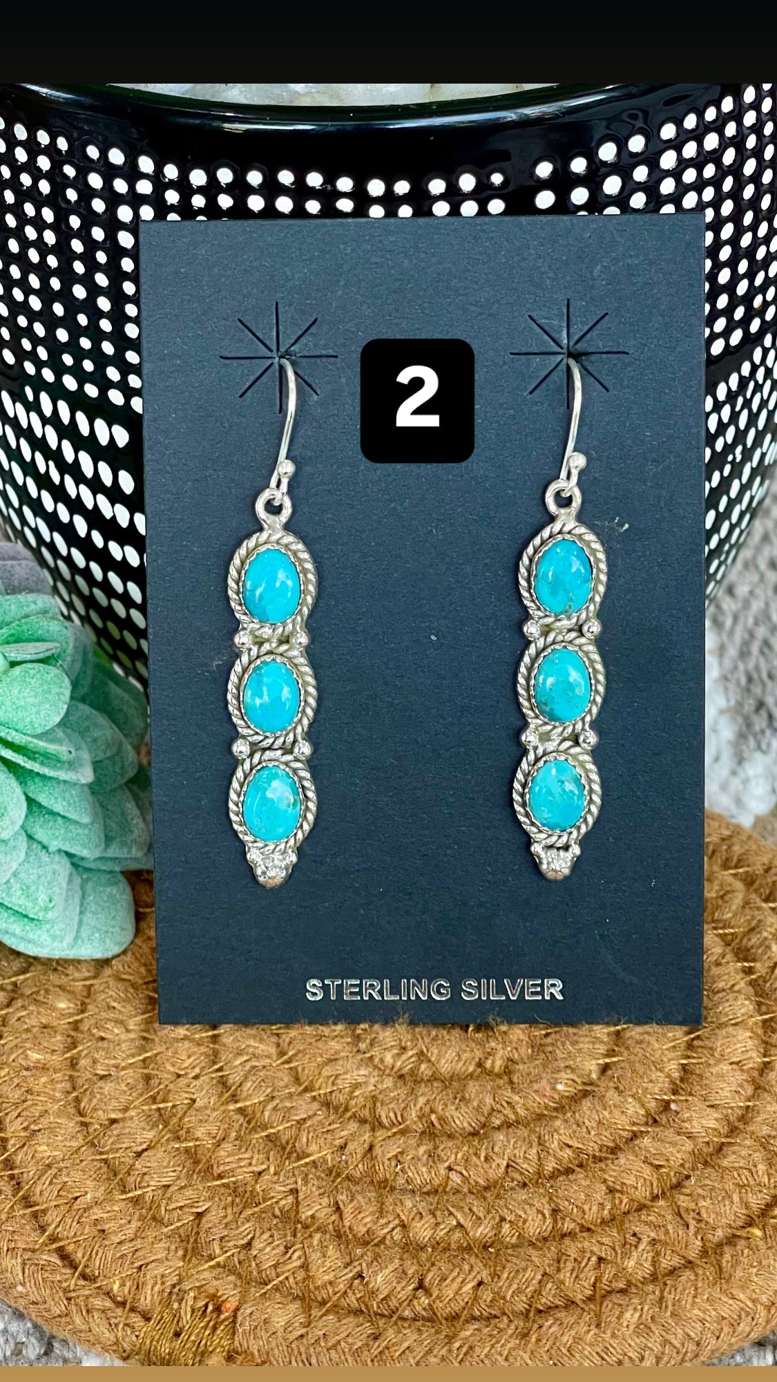 Southwest Handmade Kingman Turquoise & Sterling Silver Post Dangle 3 Stone Earrings