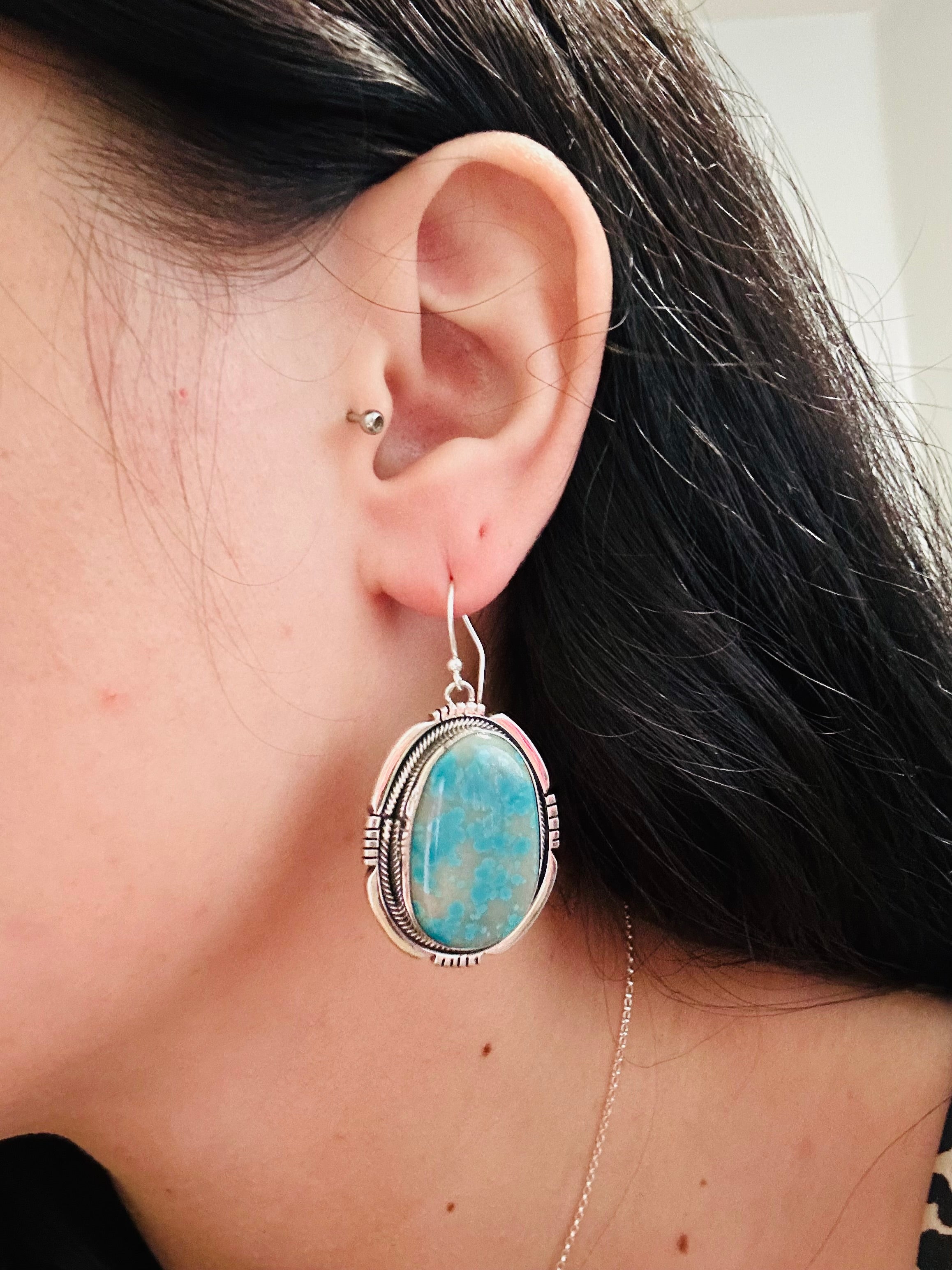 Navajo Made Kingman Turquoise & Sterling Silver Dangle Earrings