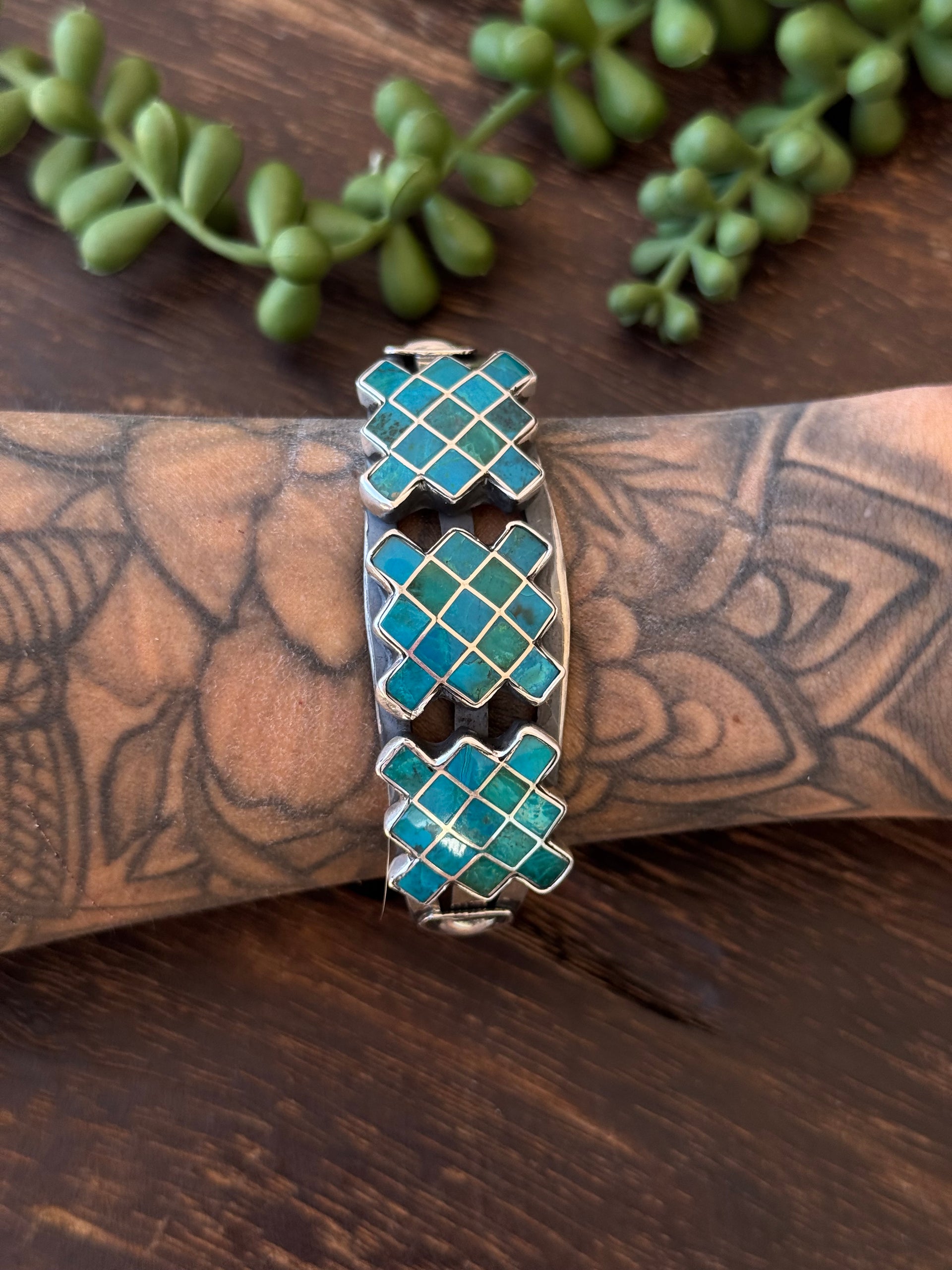 Vintage Navajo Made Sterling Silver Inlay Cuff Bracelet