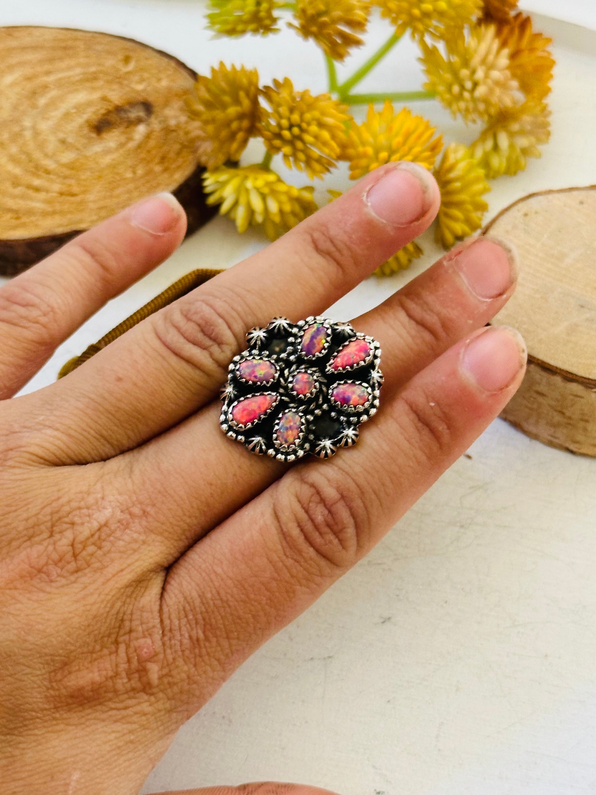 TTD “Sky Cascade” Pink Opal & Sterling Silver Adjustable Cluster Ring