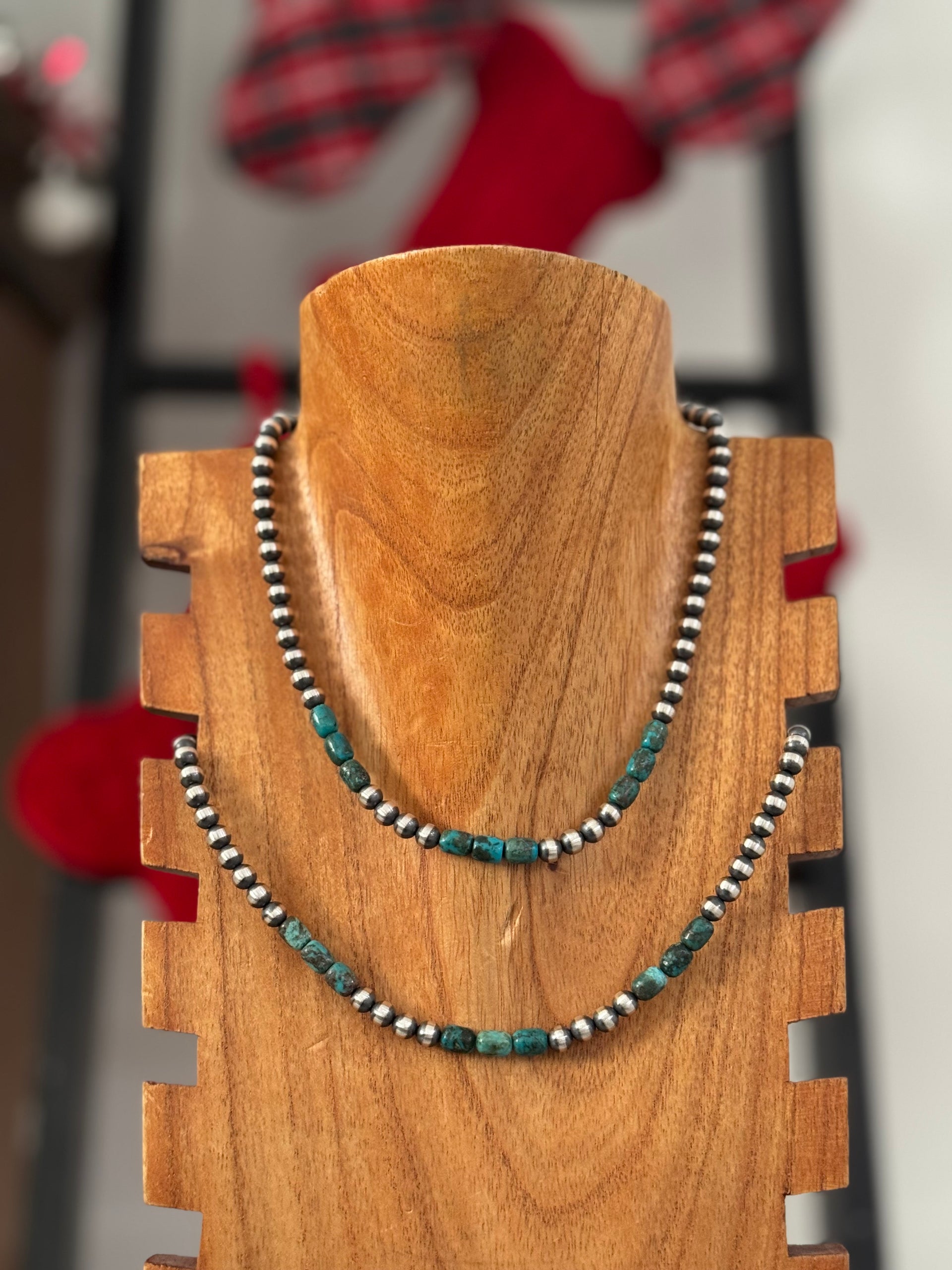 Navajo Strung Egyptian Turquoise & Sterling Silver Graduated Pearl Necklace