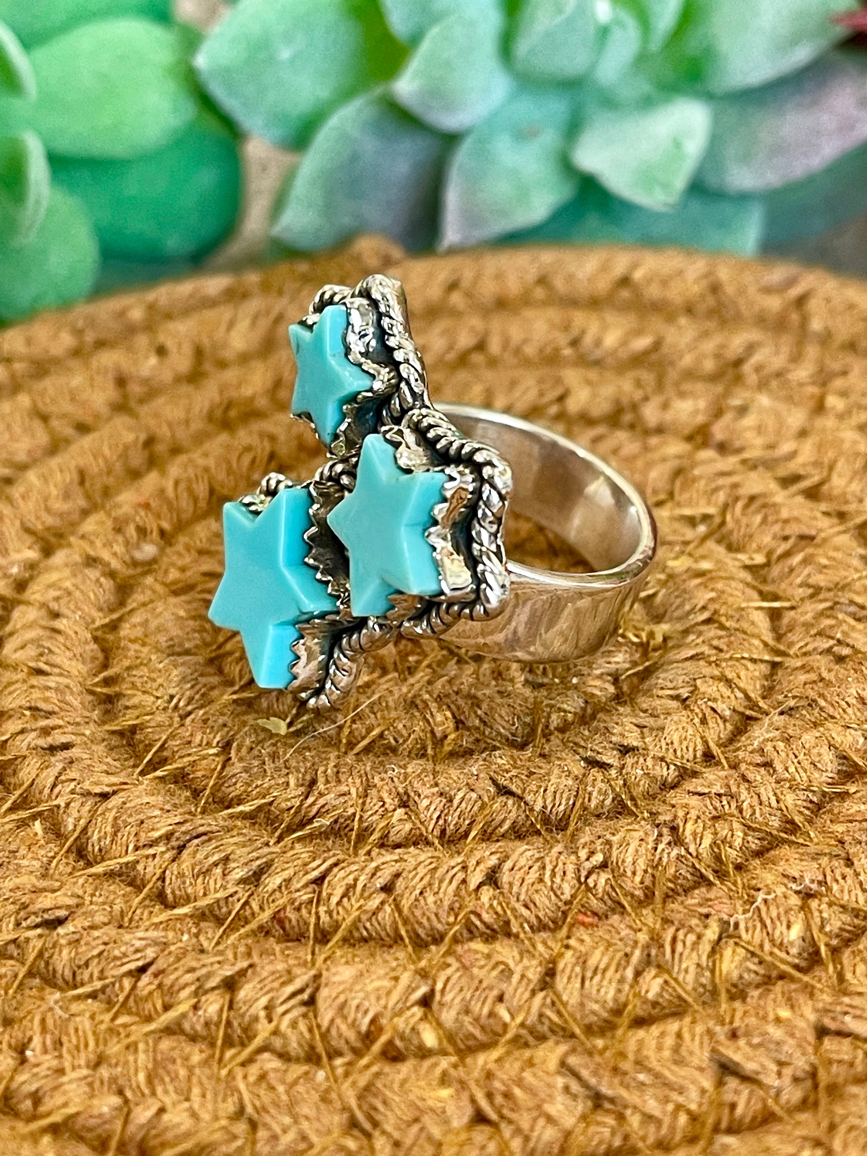 Southwest Handmade Kingman Turquoise & Sterling Silver Adjustable Star Ring