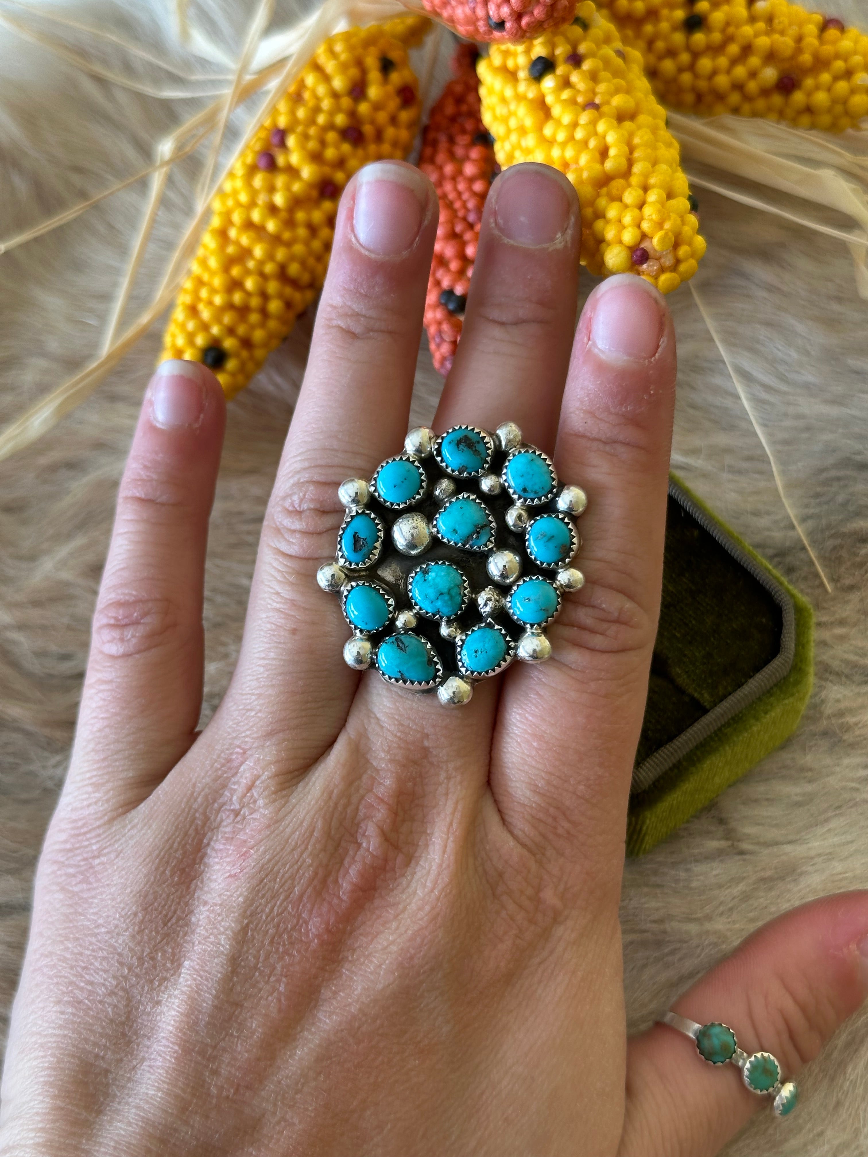 Darlene Begay Kingman Turquoise & Sterling Silver Ring Size 8