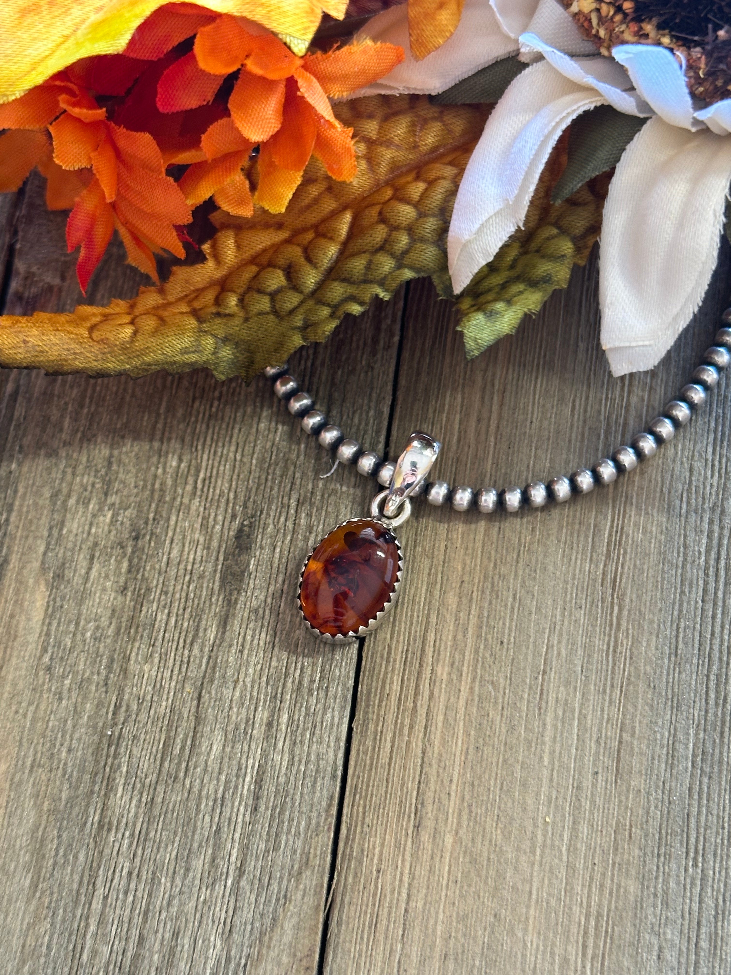 Southwest Handmade Amber & Sterling Silver Pendant