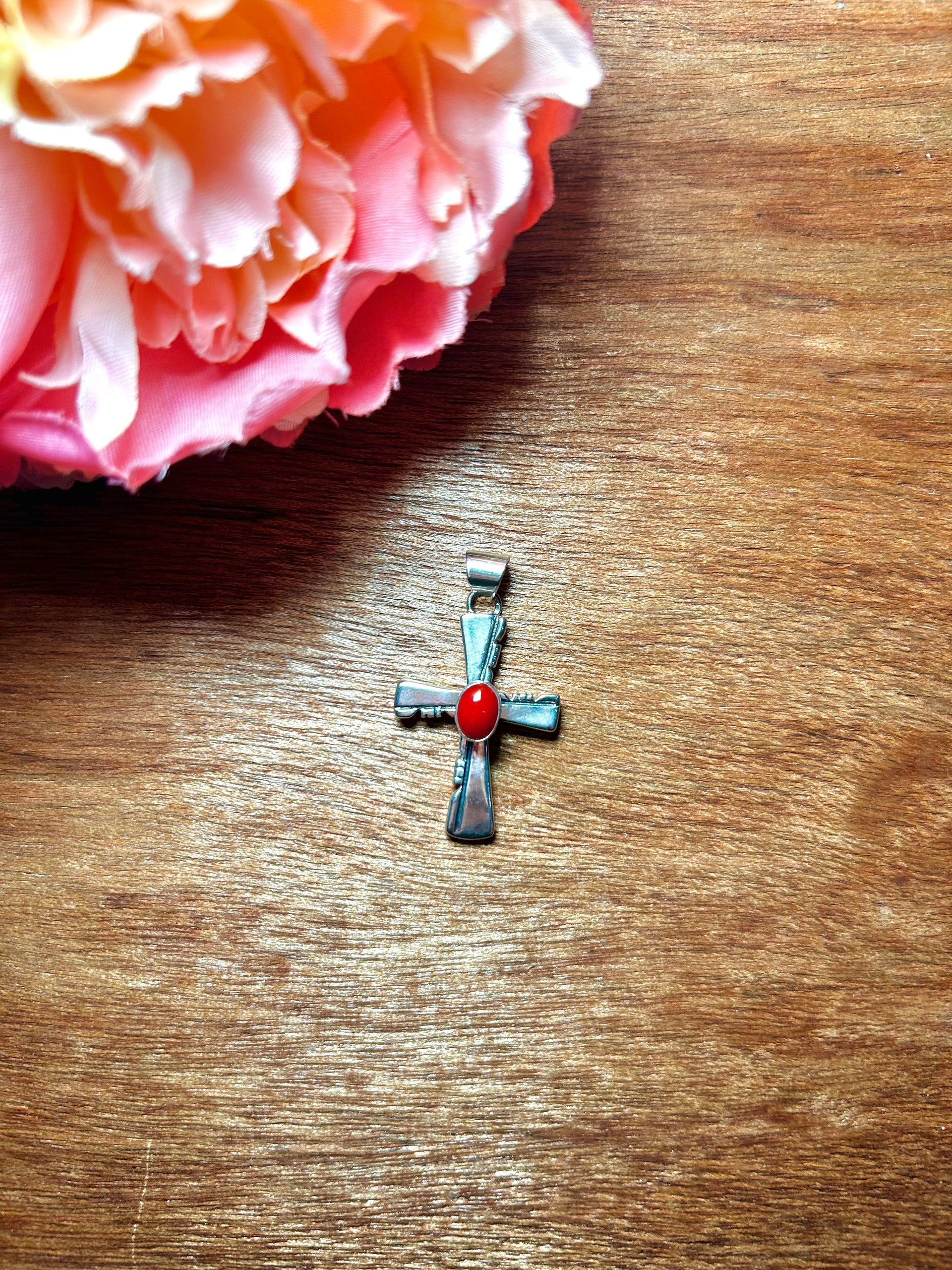 Navajo Made Natural Coral & Sterling Silver Pendant