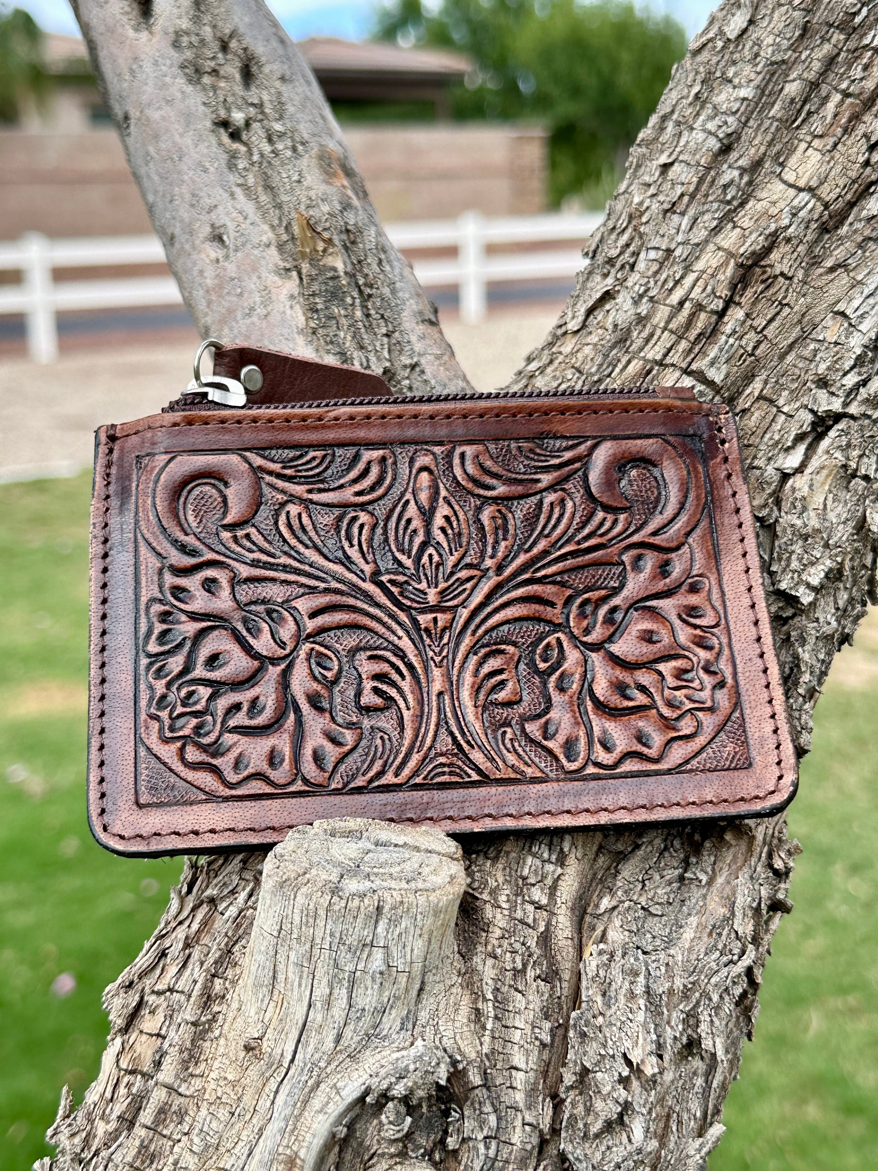 Genuine Tooled Leather Coin Bag & Card Holder