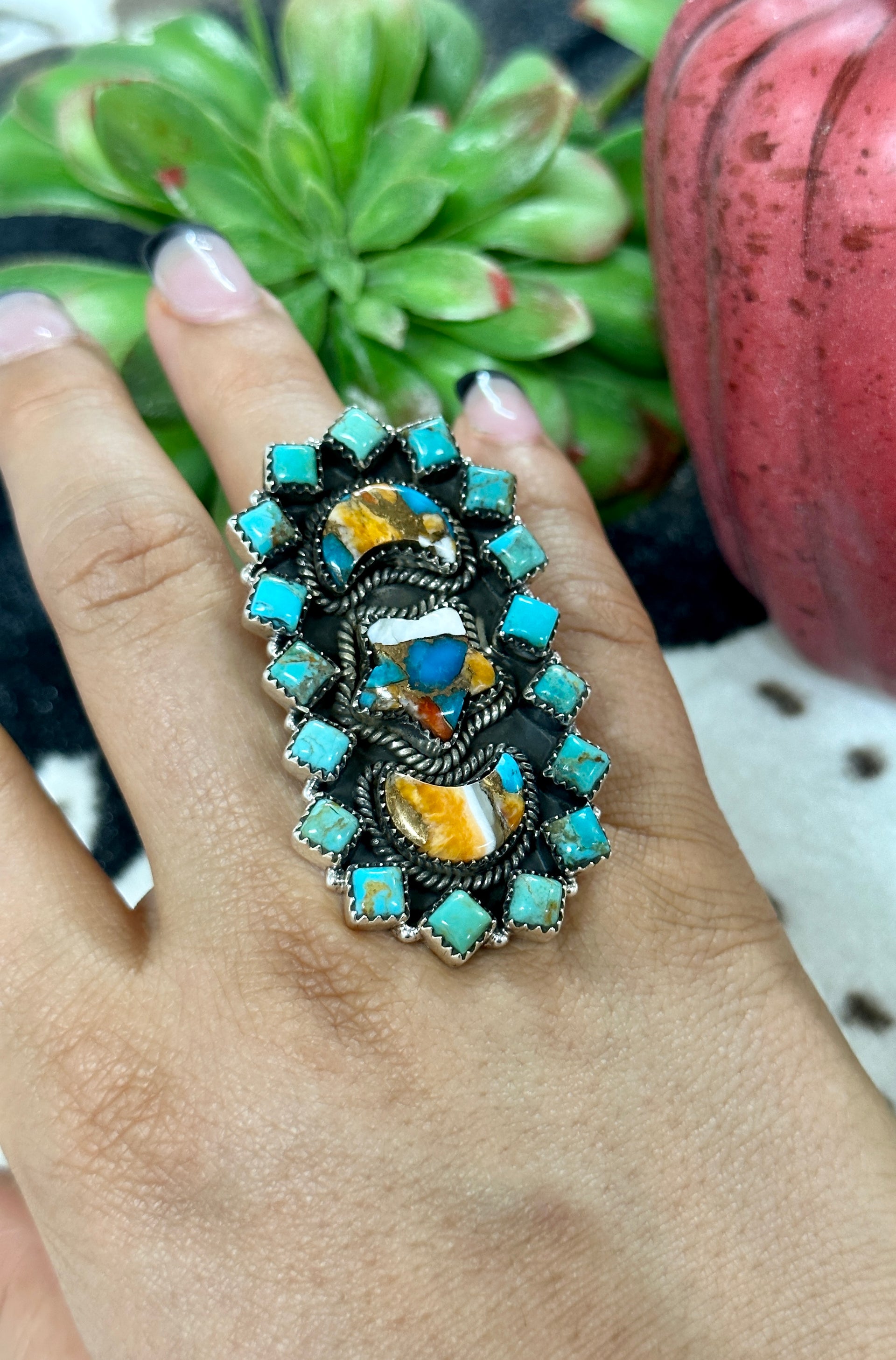 Southwest Handmade Multi Stone & Sterling Silver Cluster Adjustable Ring