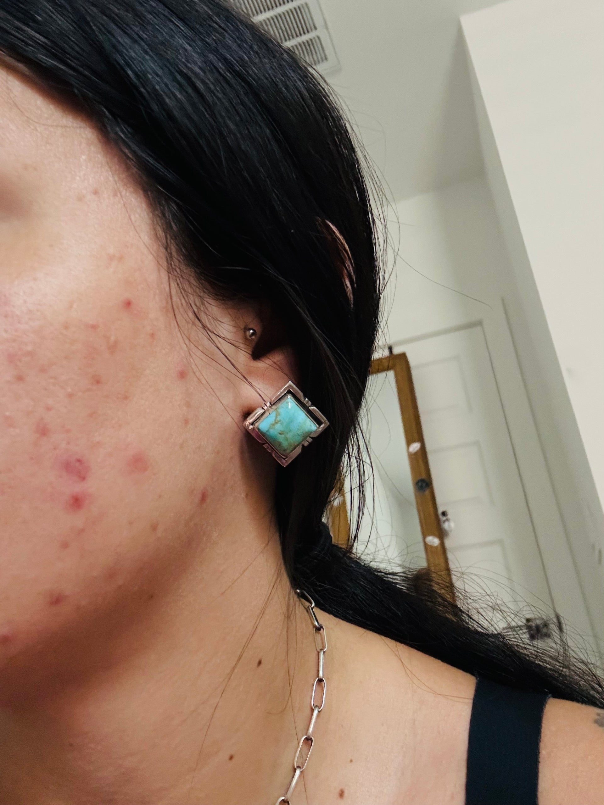 Navajo Made Kingman Turquoise & Sterling Silver Post Earrings