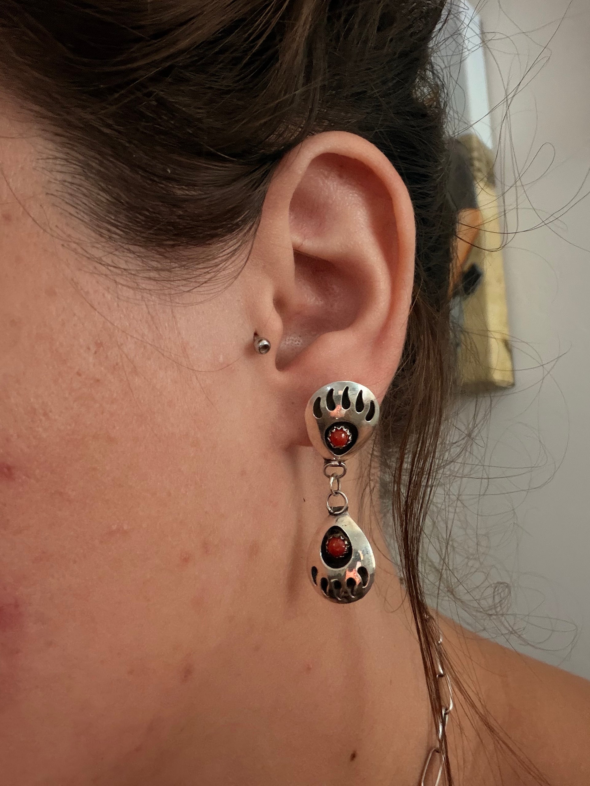Navajo Made Coral & Sterling Silver Post Dangle Bear Claw Earrings