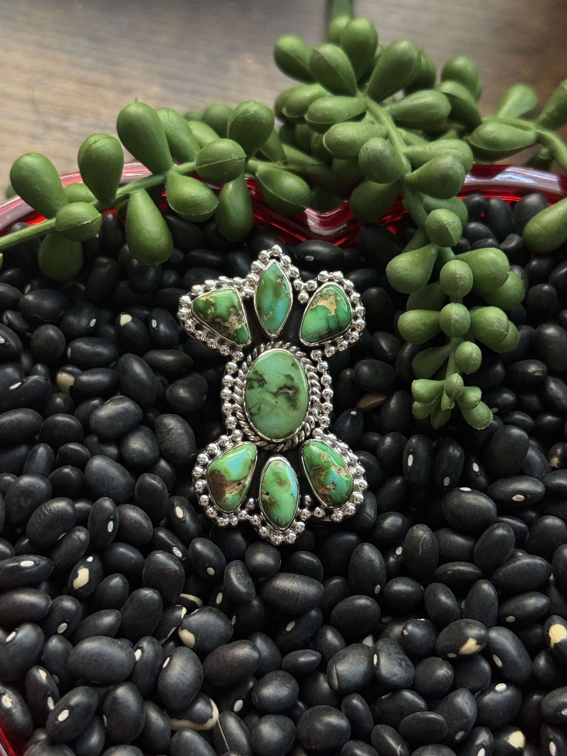 Southwest Handmade Sonoran Mountain Turquoise & Sterling Silver Adjustable Cluster Ring