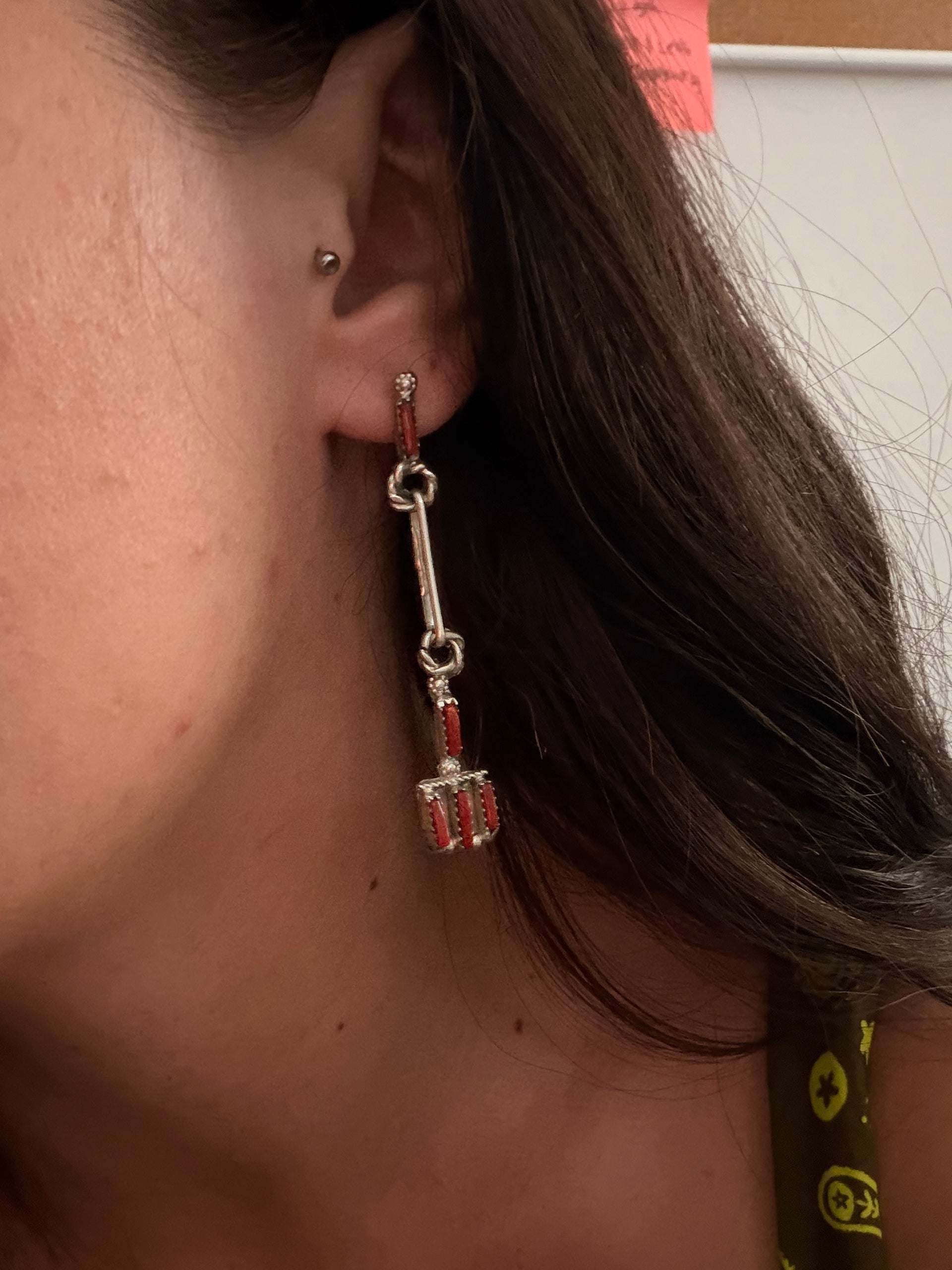 Zuni Made Red Coral & Sterling Silver Post Dangle Earrings