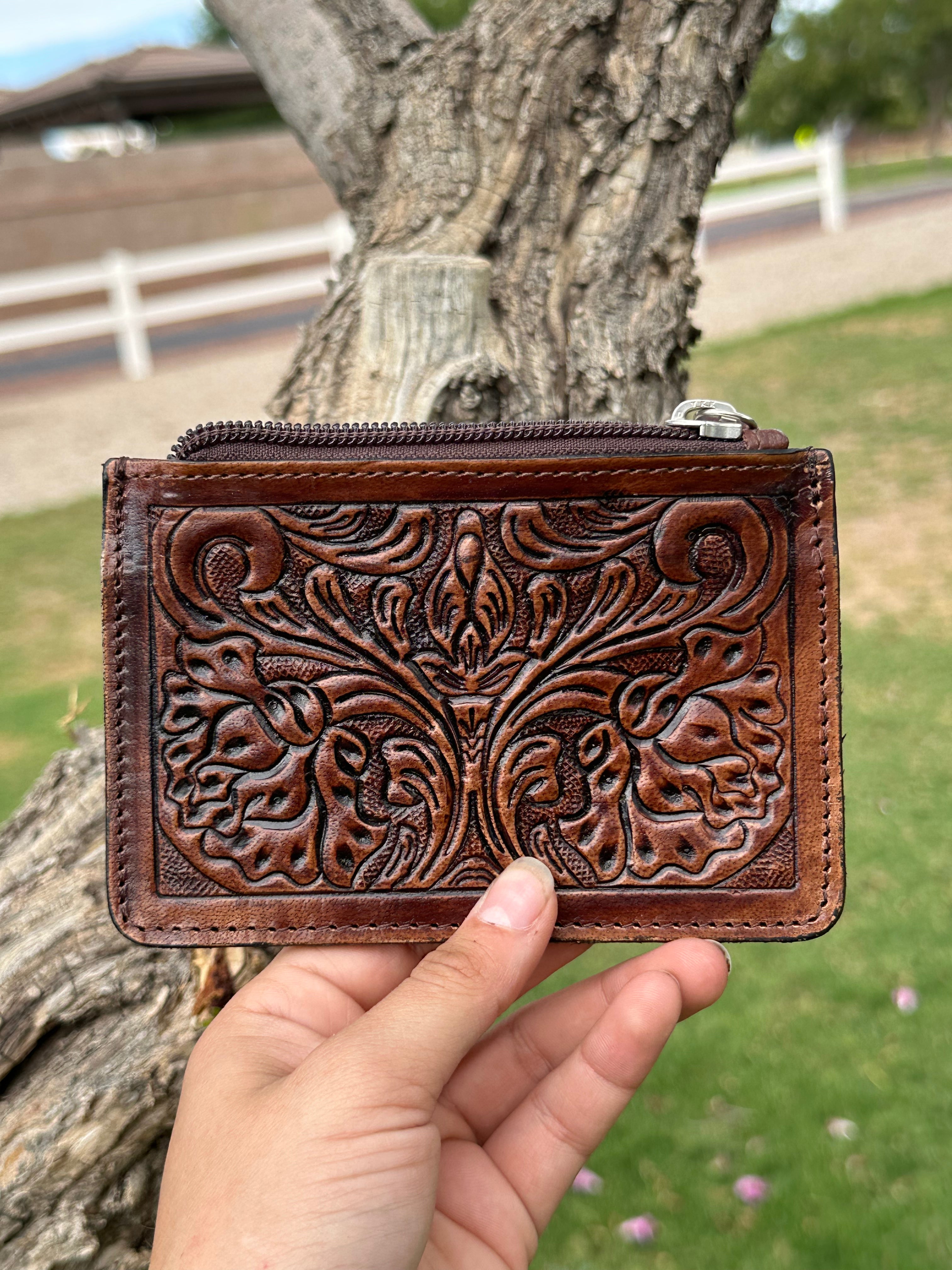 Genuine Tooled Leather Coin Bag & Card Holder