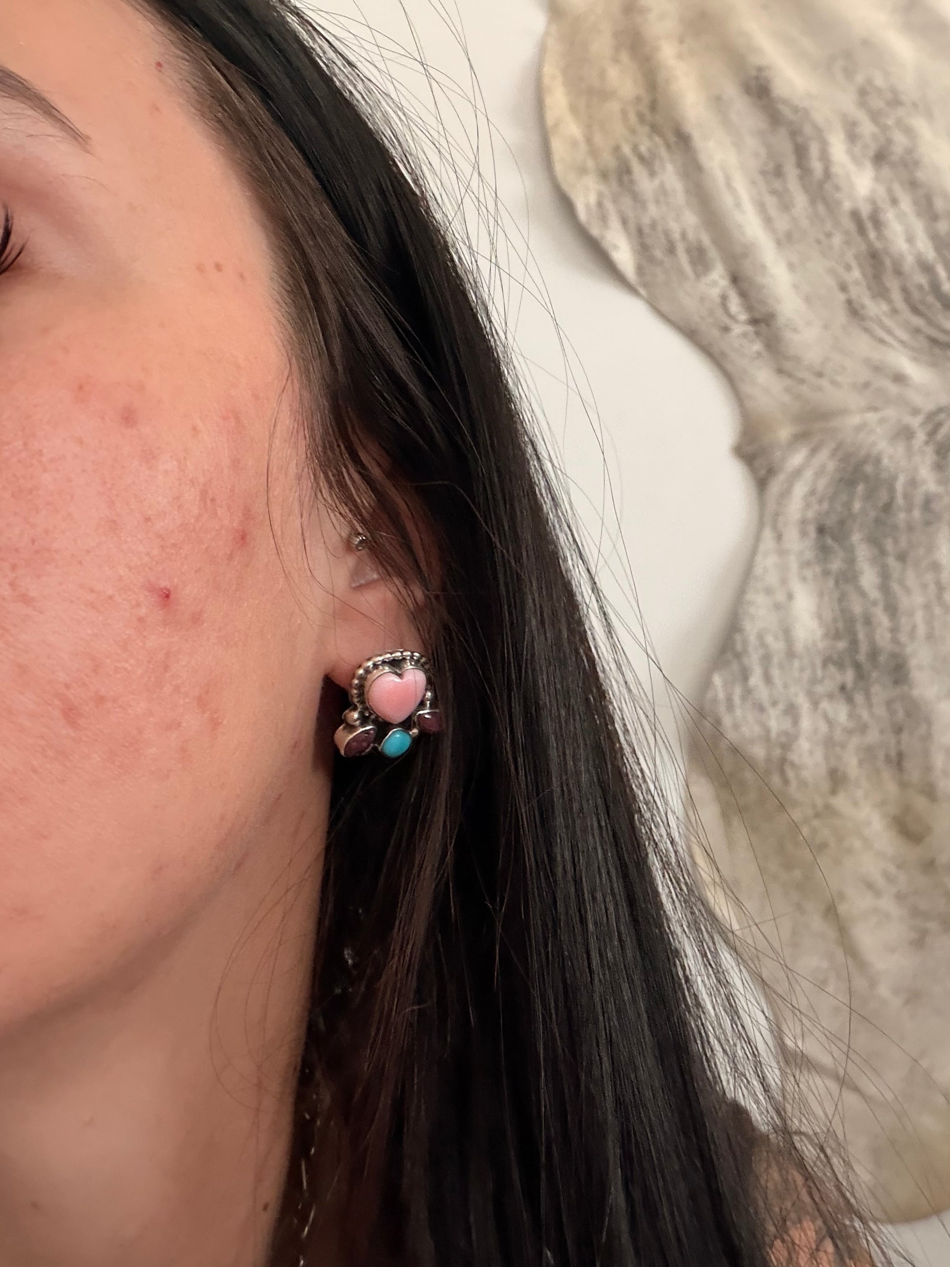 Navajo Made Multi Stone & Sterling Silver Post Dangle Cluster Earrings