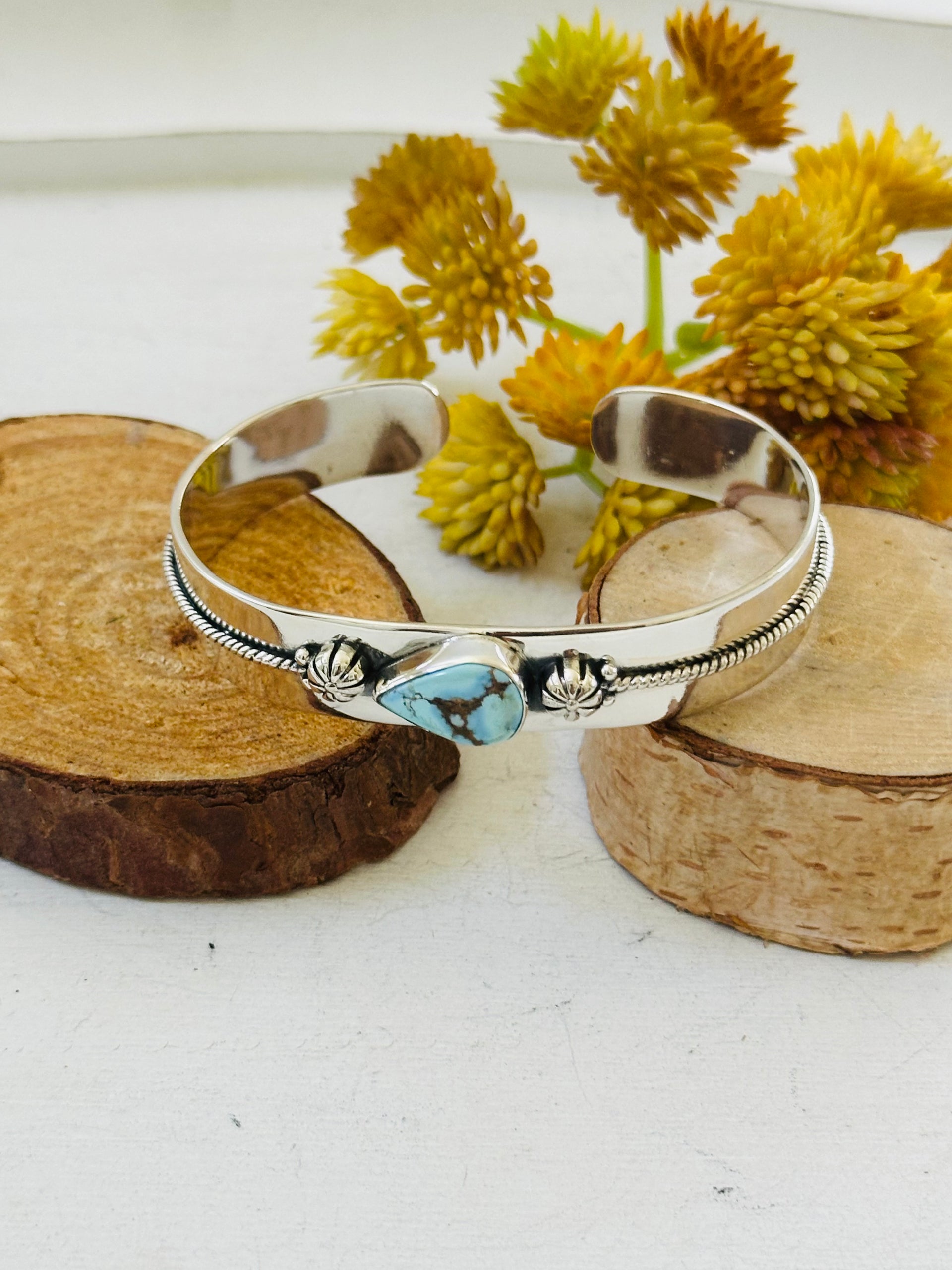 Southwest Made Golden Hills Turquoise & Sterling Silver Cuff Bracelet