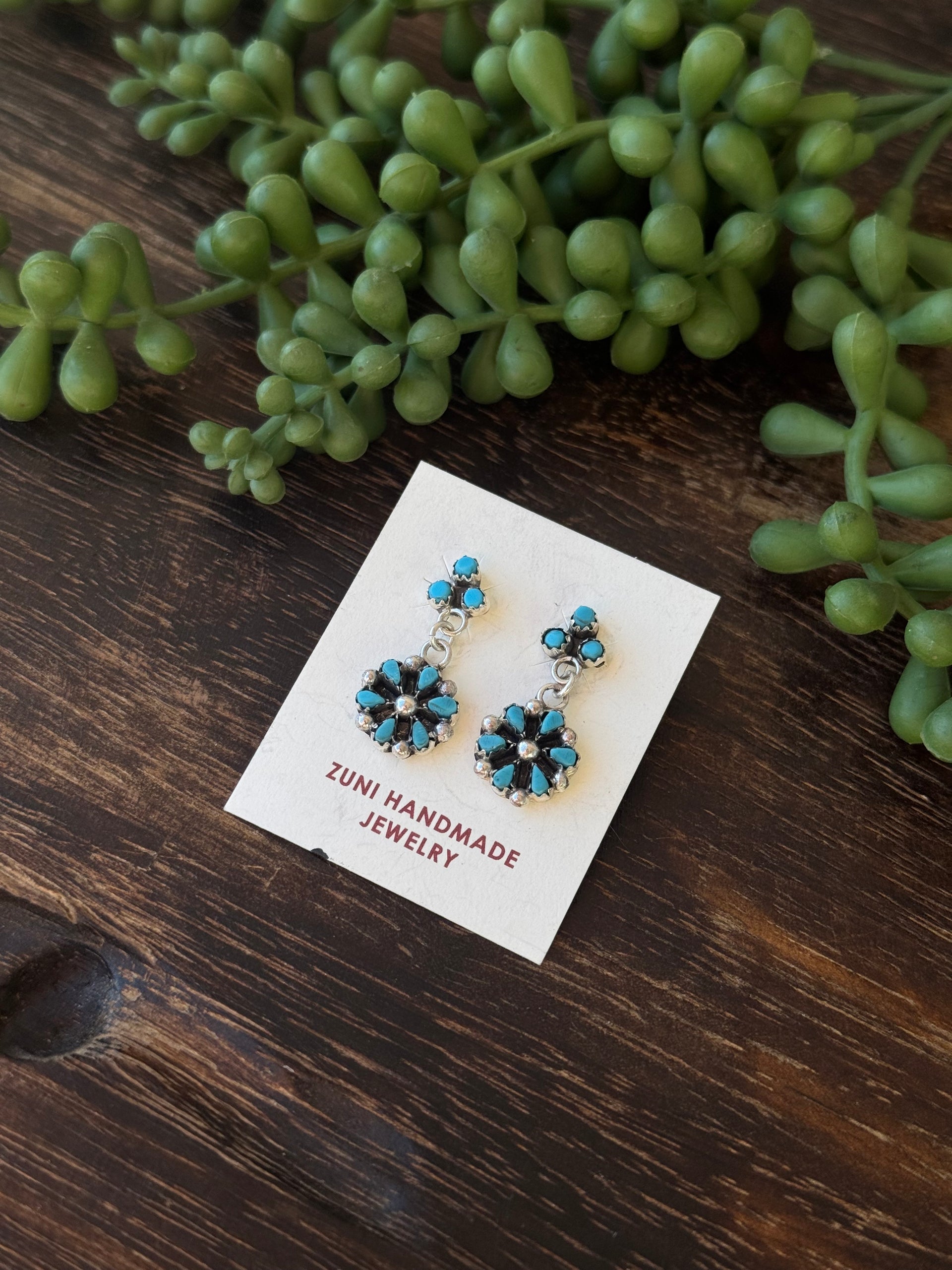 Zuni Made Kingman Turquoise & Sterling Silver Post Dangle Earrings