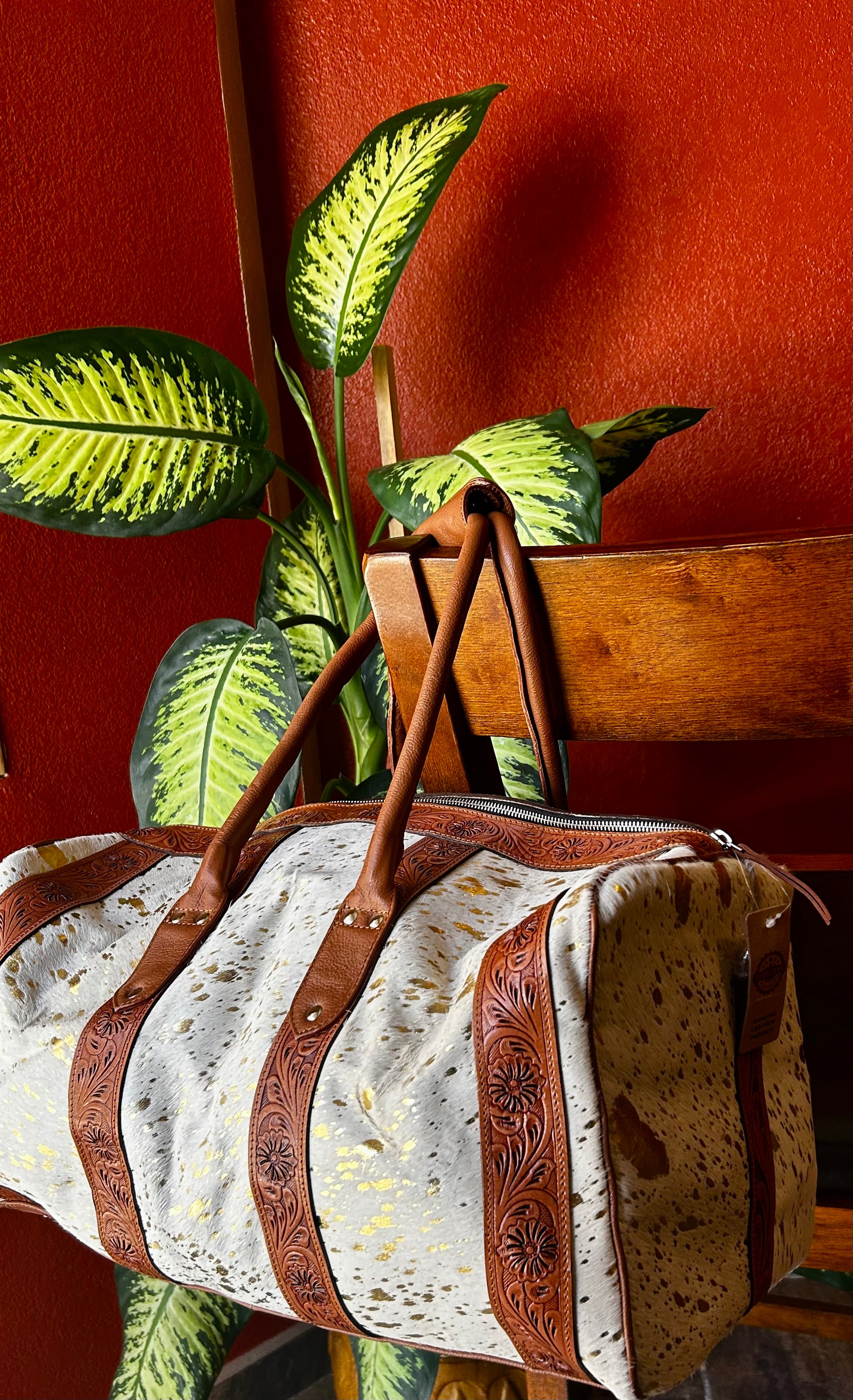 Genuine Tooled Leather Cowhide Duffle Bag