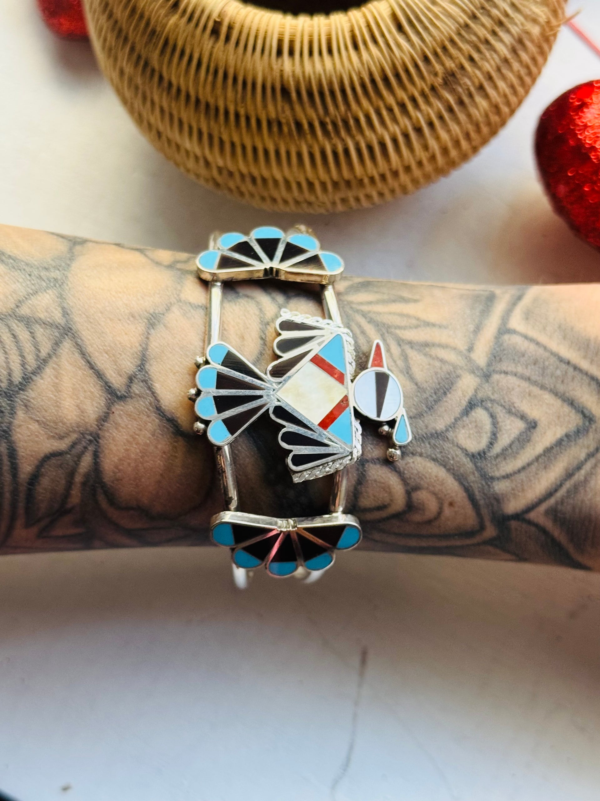 Zuni Made Multi Stone & Sterling Silver Inlay Thunderbird Cuff Bracelet