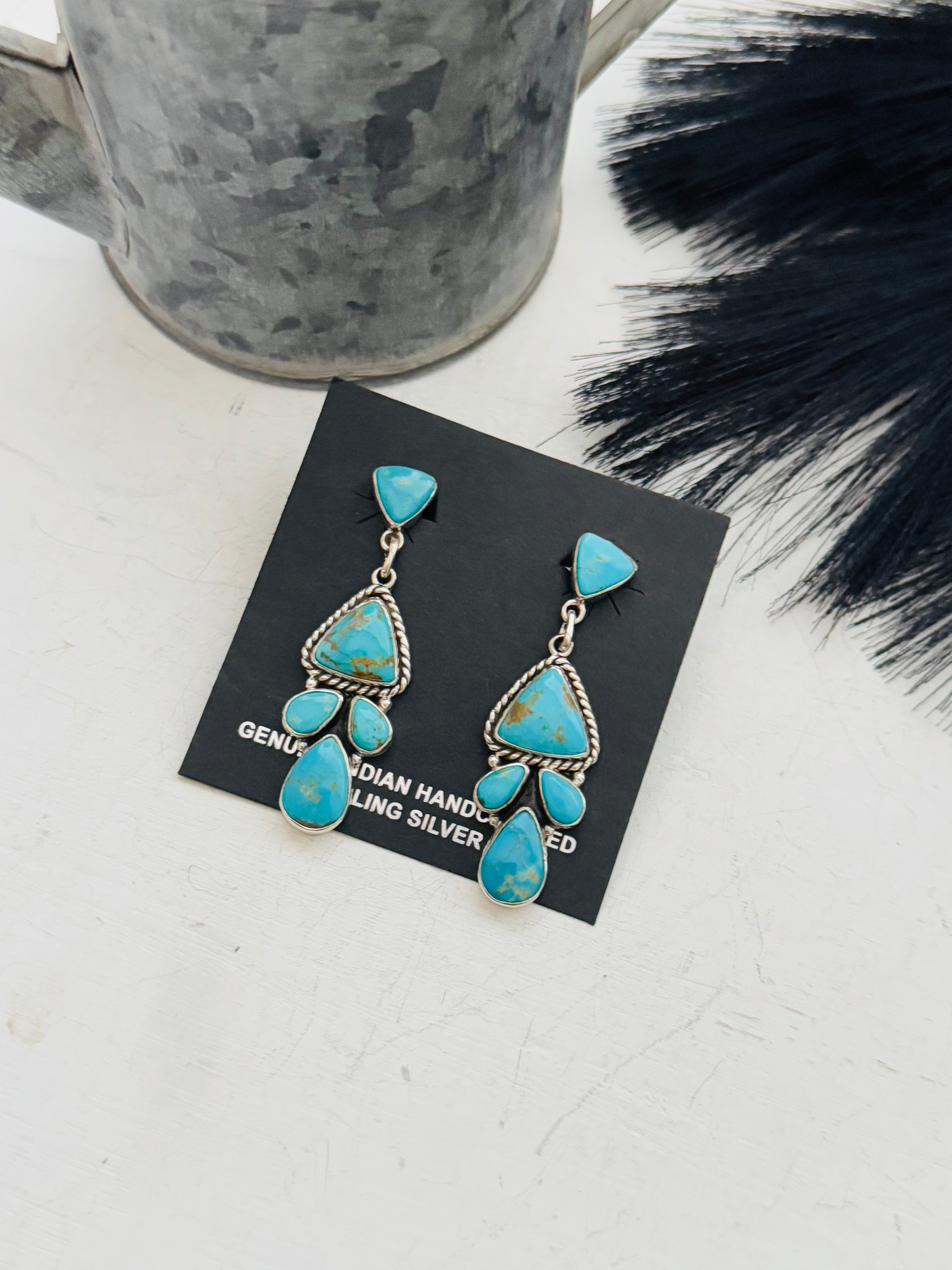 Southwest Handmade Kingman Turquoise & Sterling Silver Post Dangle Earrings