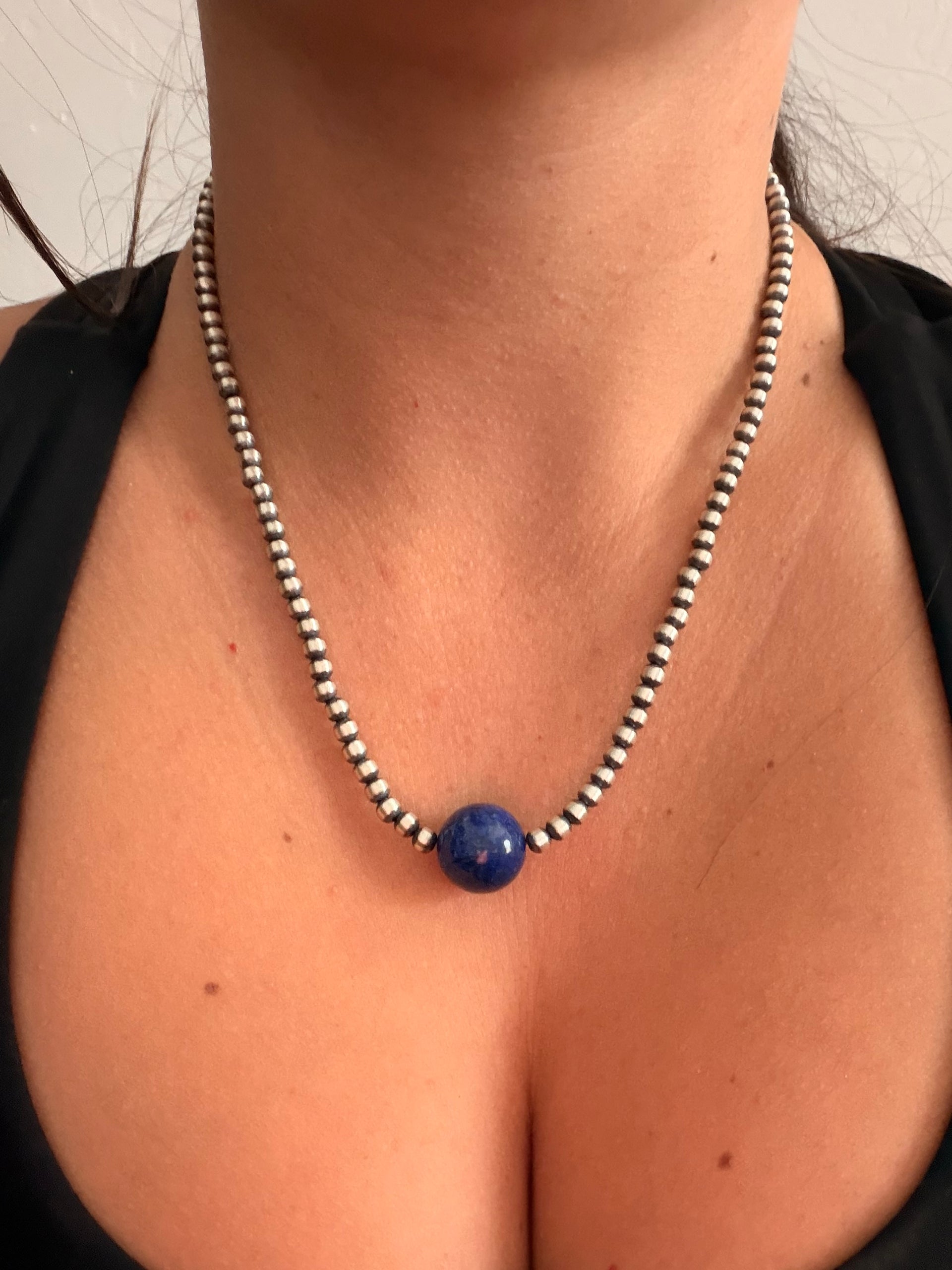 Navajo Strung Lapis & Sterling Silver 18” Pearls Beaded Necklace