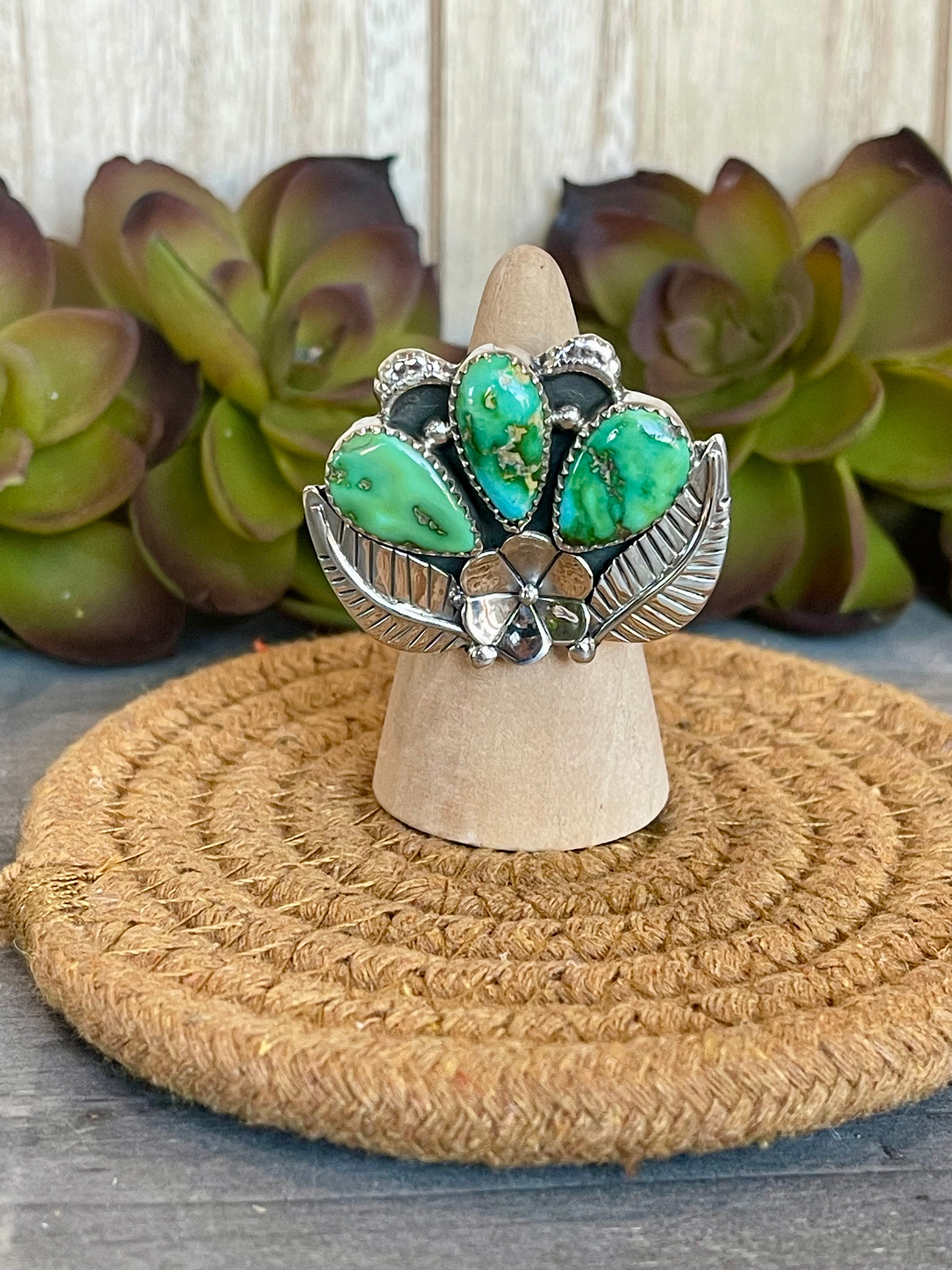 Southwest Handmade Sonoran Mountain Turquoise & Sterling Silver Adjustable Flower Ring