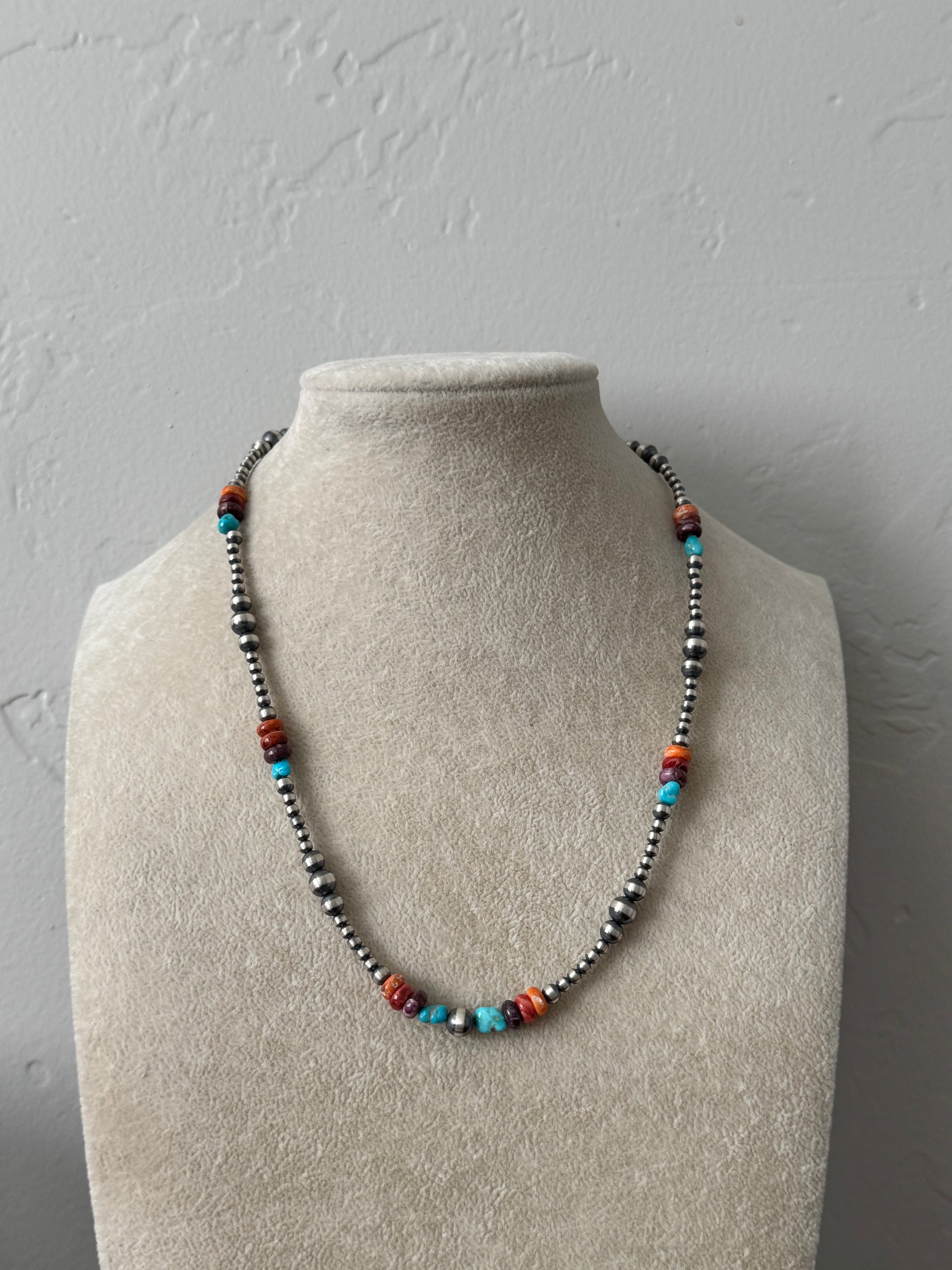 Navajo Strung Multi Stone & Sterling Silver Graduated Pearl Necklace