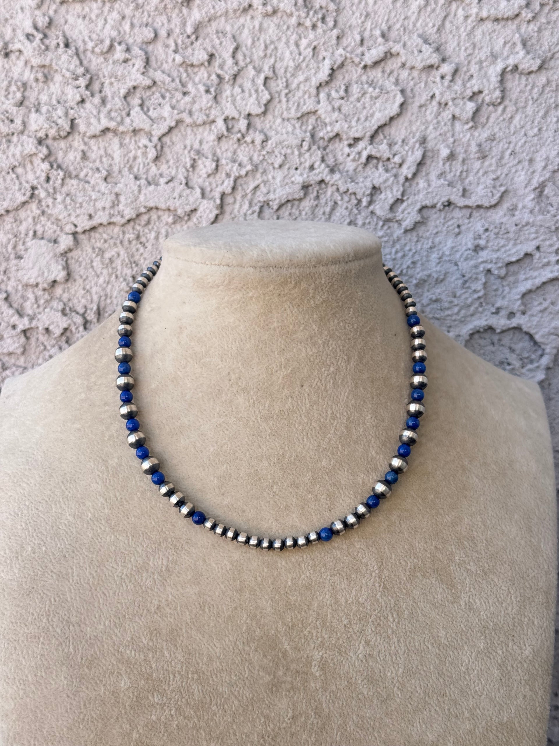Navajo Strung Lapis & Sterling Silver Graduated Pearl Necklace