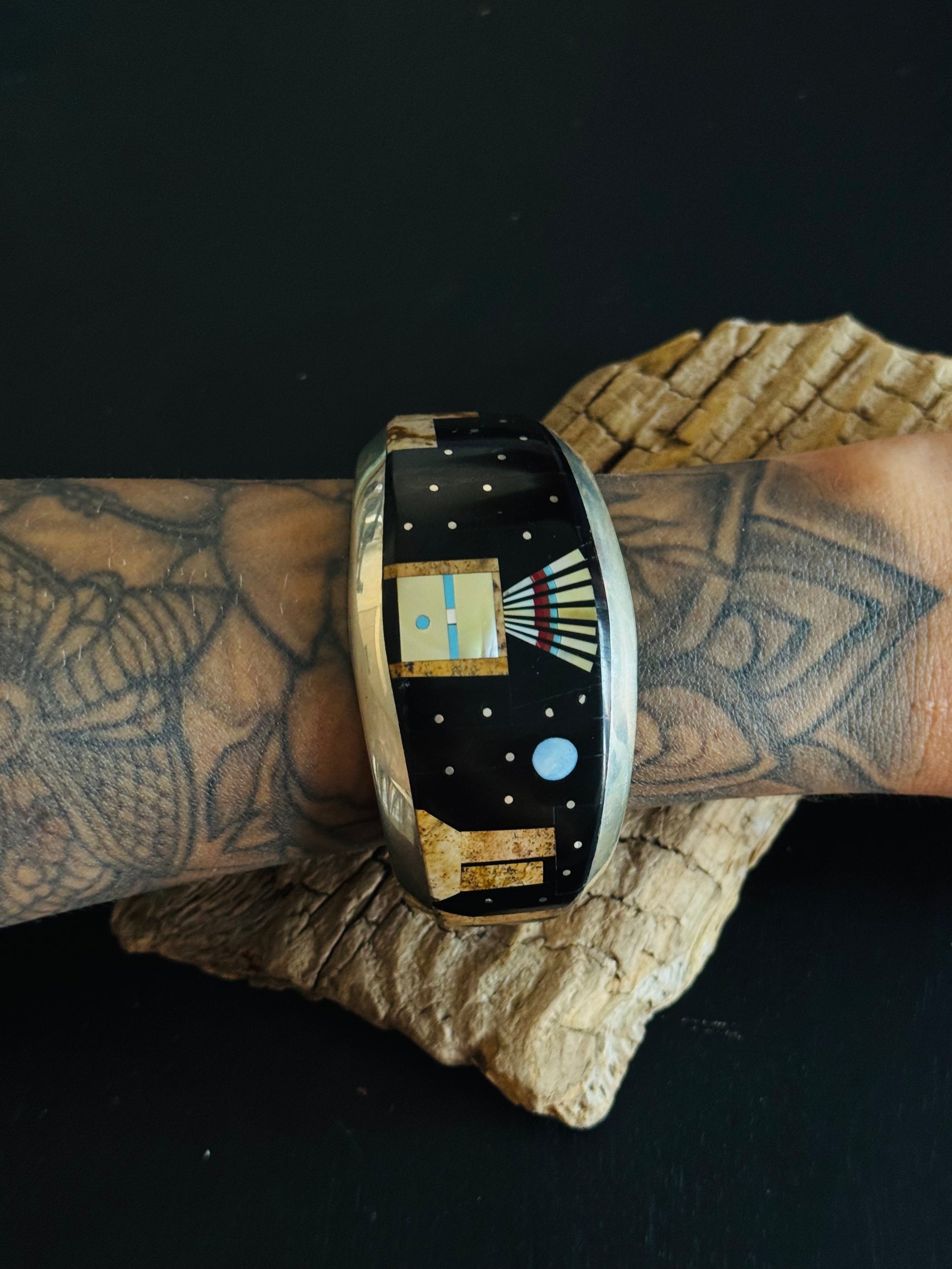 Vintage Emory Yazzie Multi Stone & Sterling Silver Inlay Galaxy Cuff Bracelet