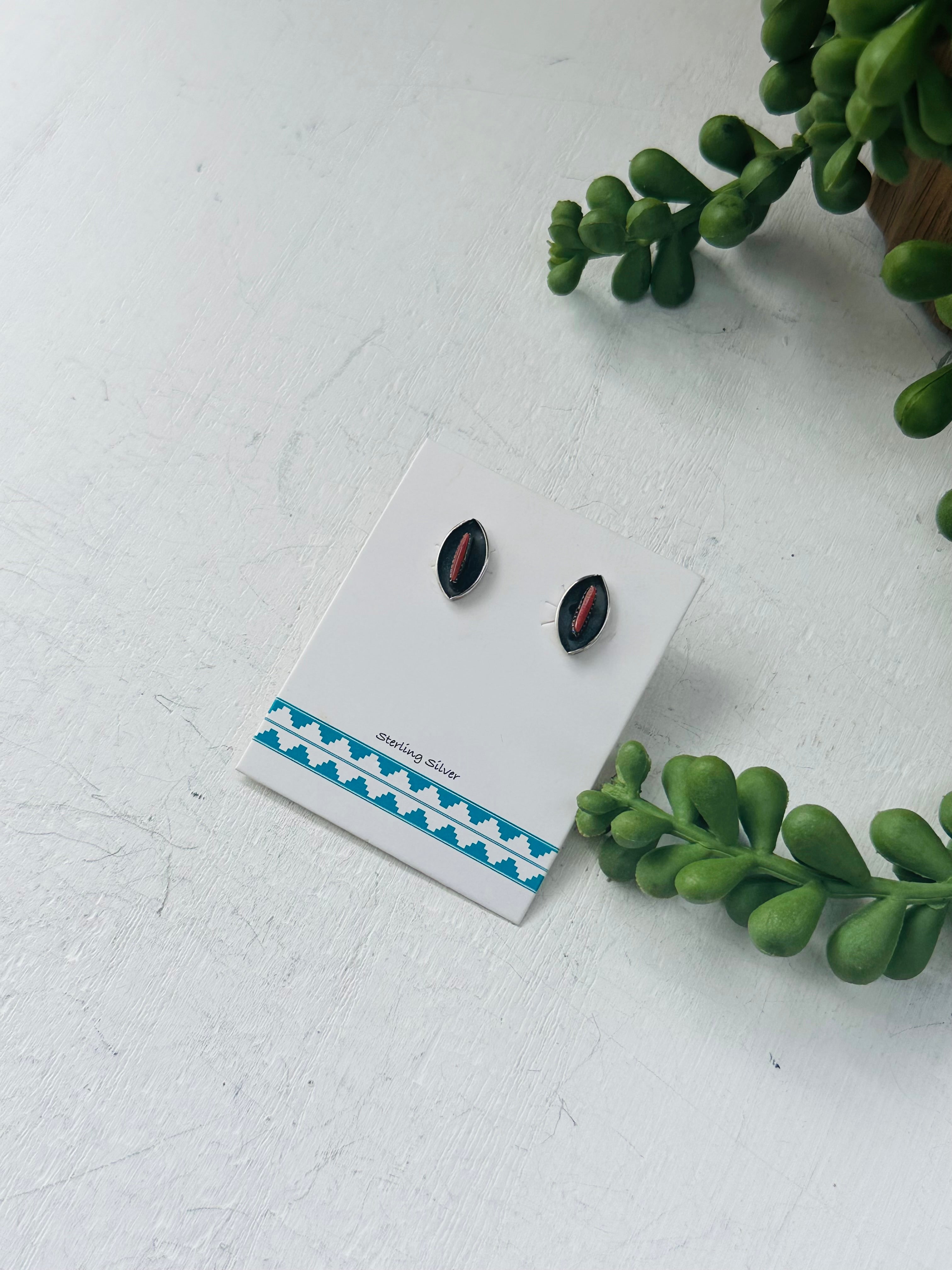 Navajo Made Mediterranean Coral & Sterling Silver Post Earrings