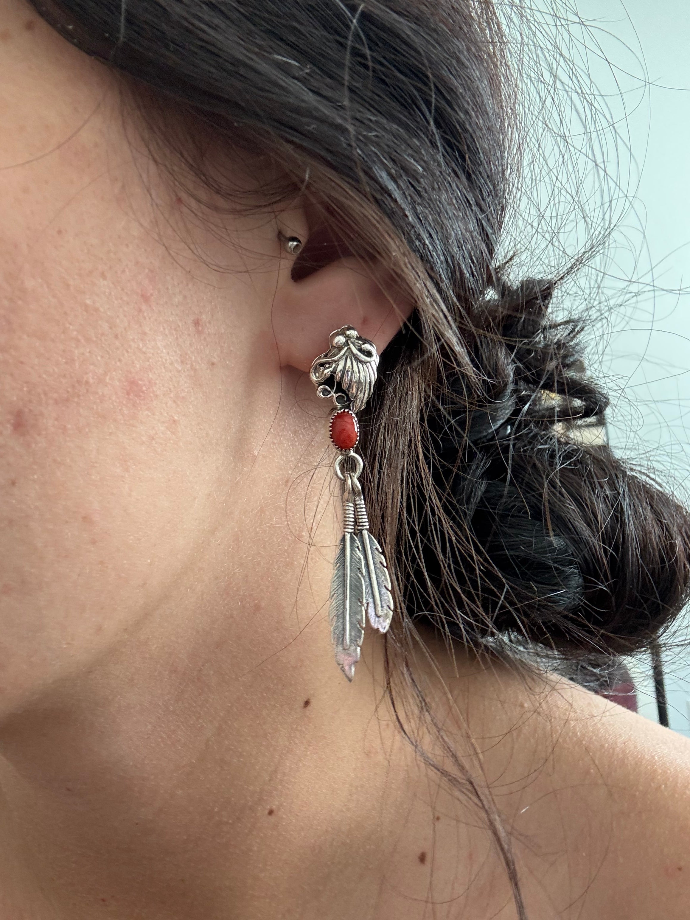 Navajo Made Coral & Sterling Silver Post Dangle  Earrings