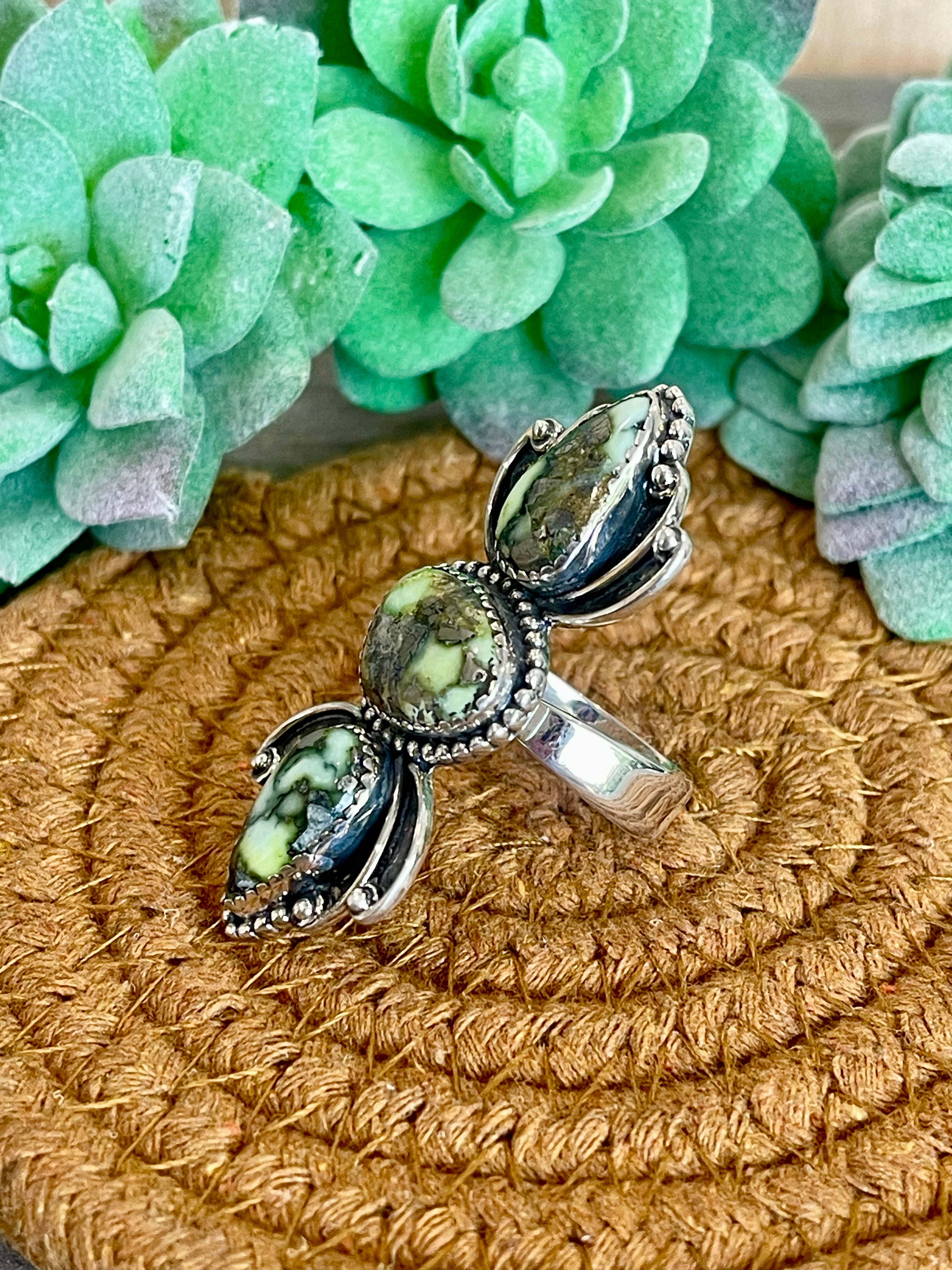 Southwest Handmade Palomino Variscite & Sterling Silver Adjustable 3 Stone Ring