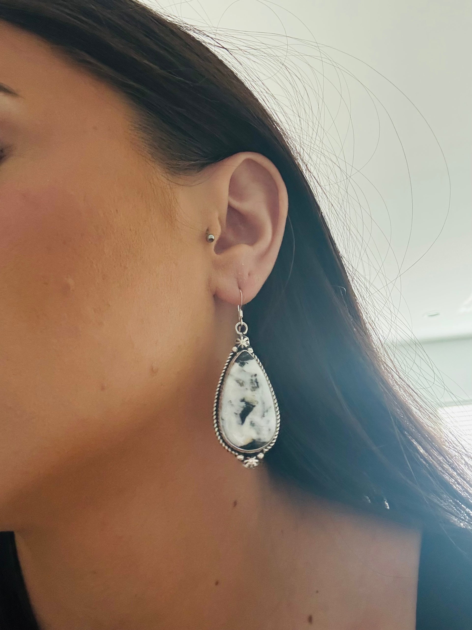 Navajo Made White Buffalo & Sterling Silver Dangle Earrings