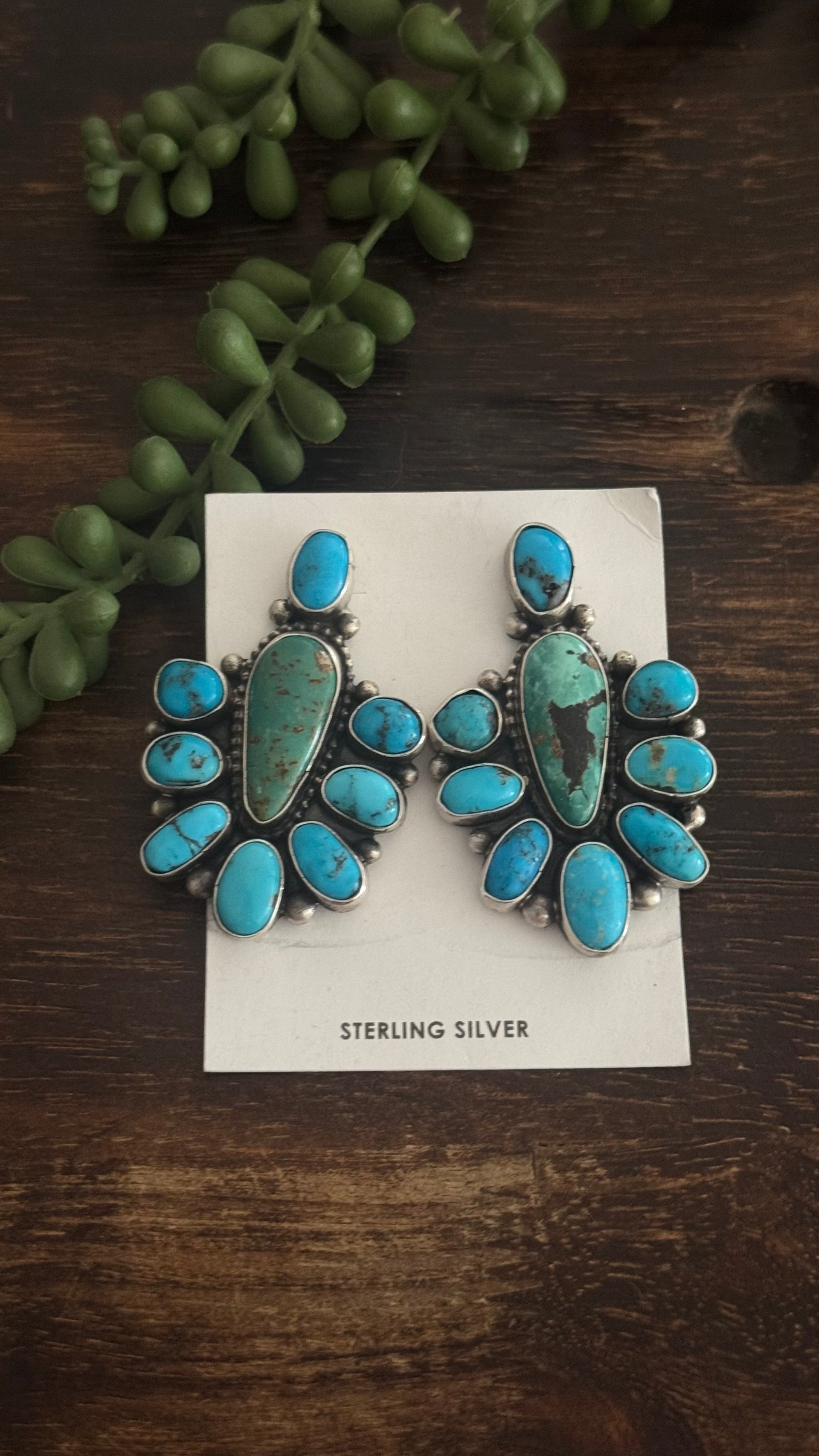 Sheila Becenti Multi Turquoise & Sterling Silver Post Dangle Cluster Earrings