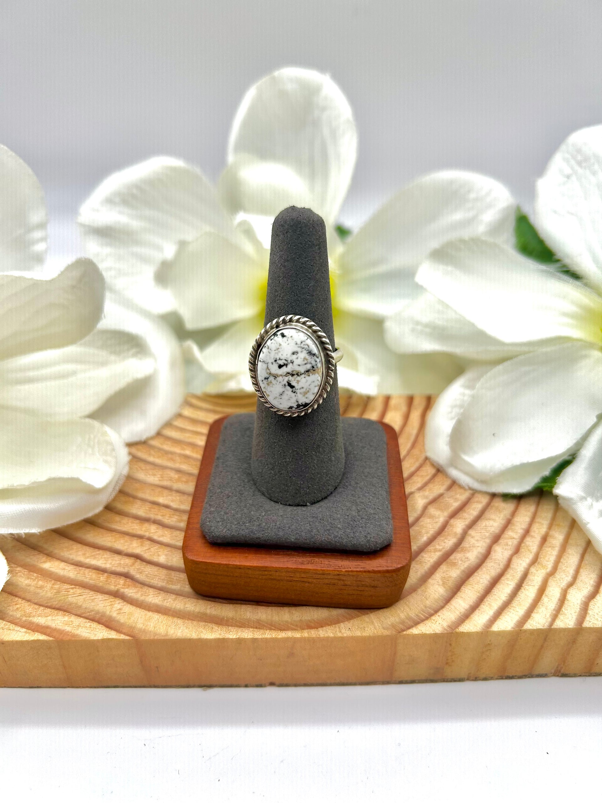 Navajo Made White Buffalo & Sterling Silver Adjustable Ring