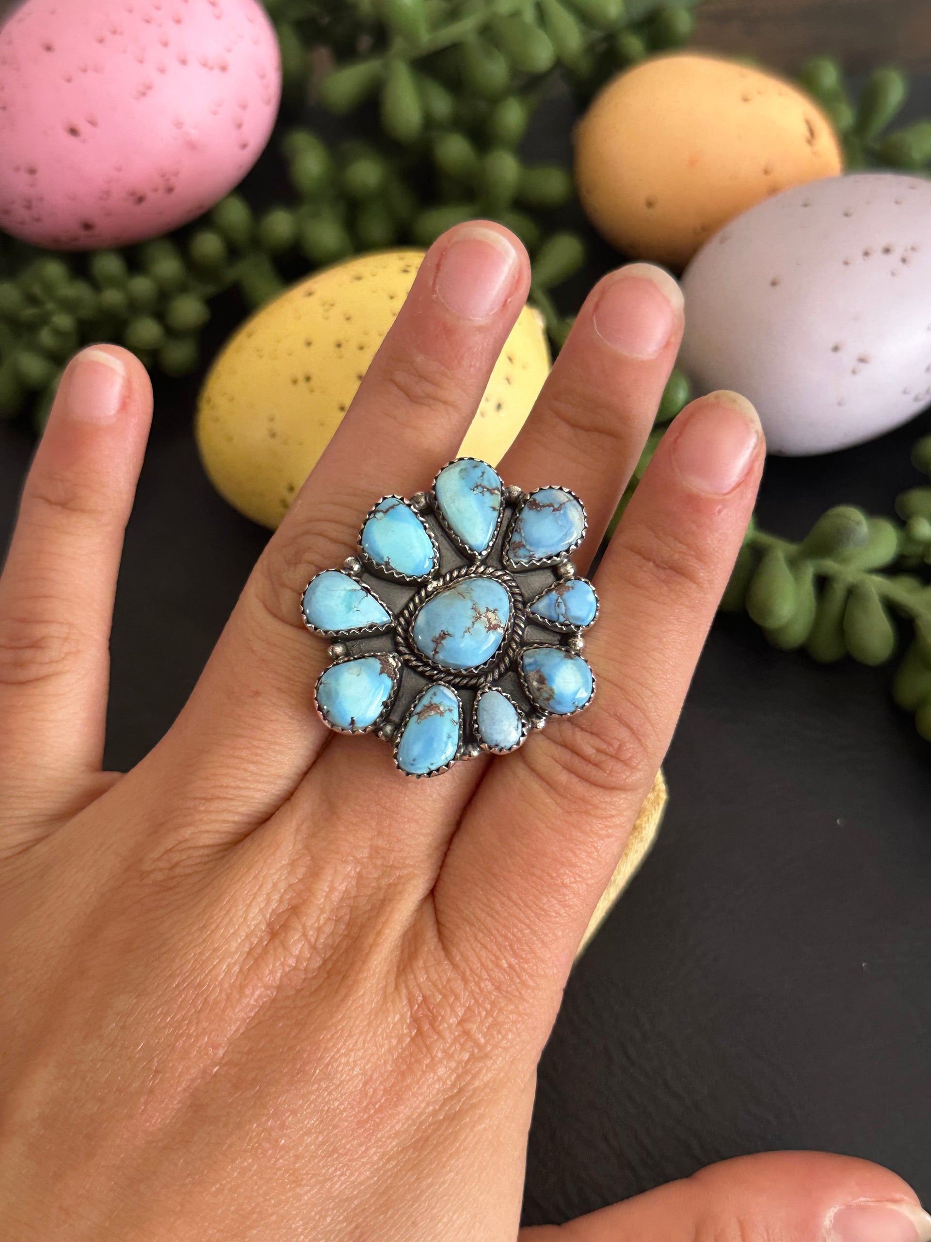 Southwest Handmade Golden Hills Turquoise & Sterling Silver Adjustable Cluster Ring