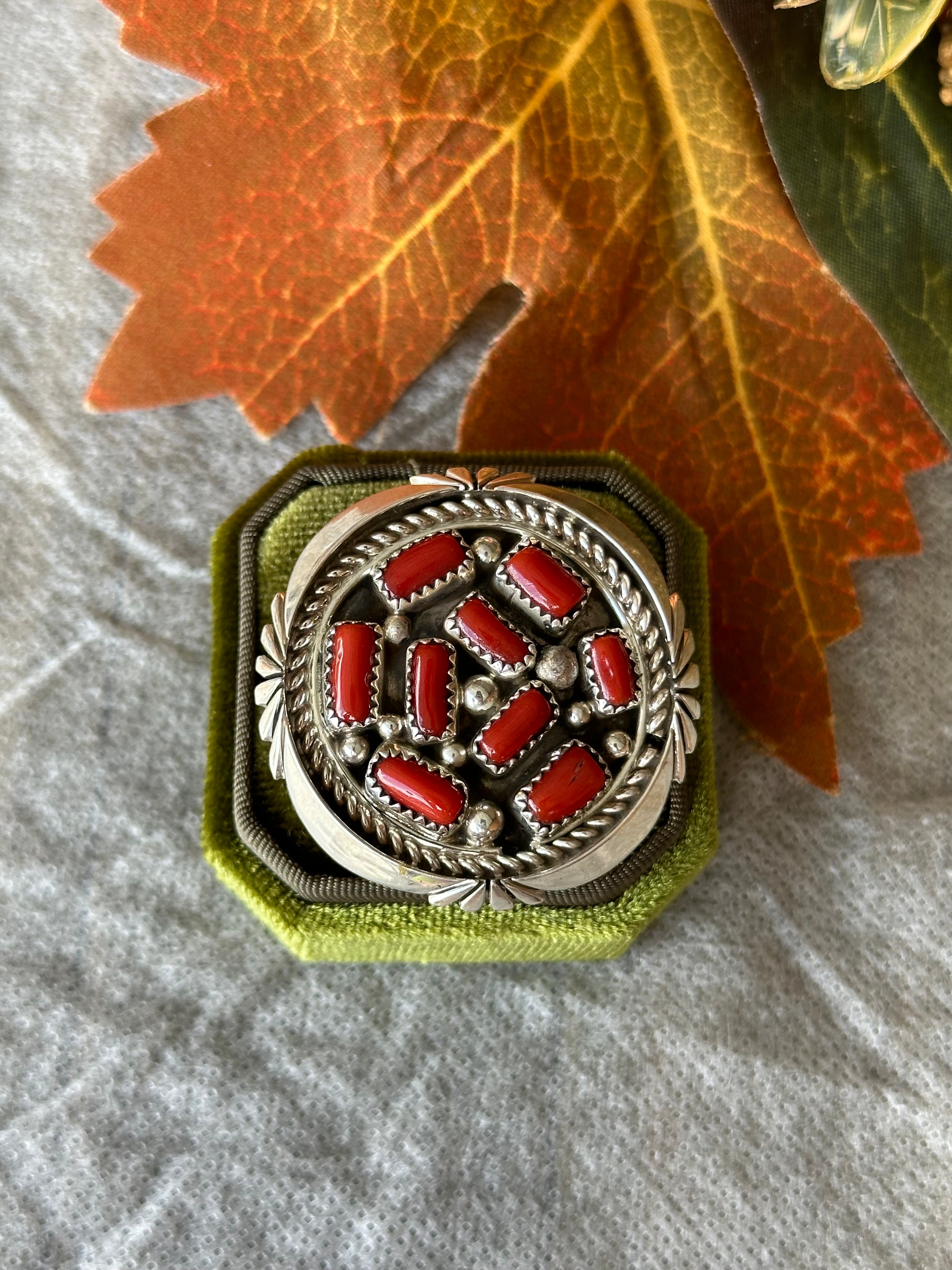 Navajo Handmade Red Coral & Sterling Silver Cluster Ring