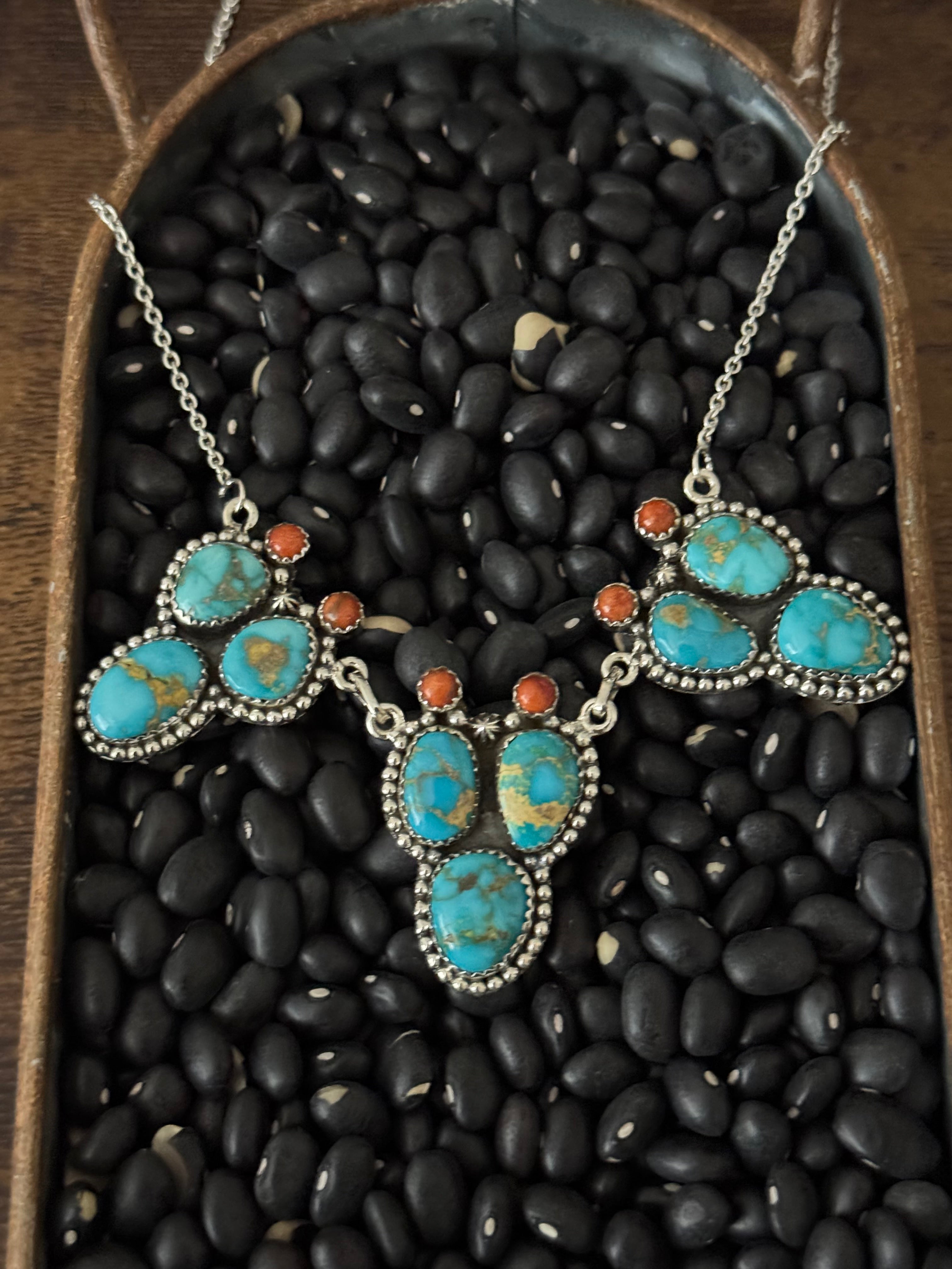 Southwest Handmade Multi Stone & Sterling Silver Prickly Pear Necklace