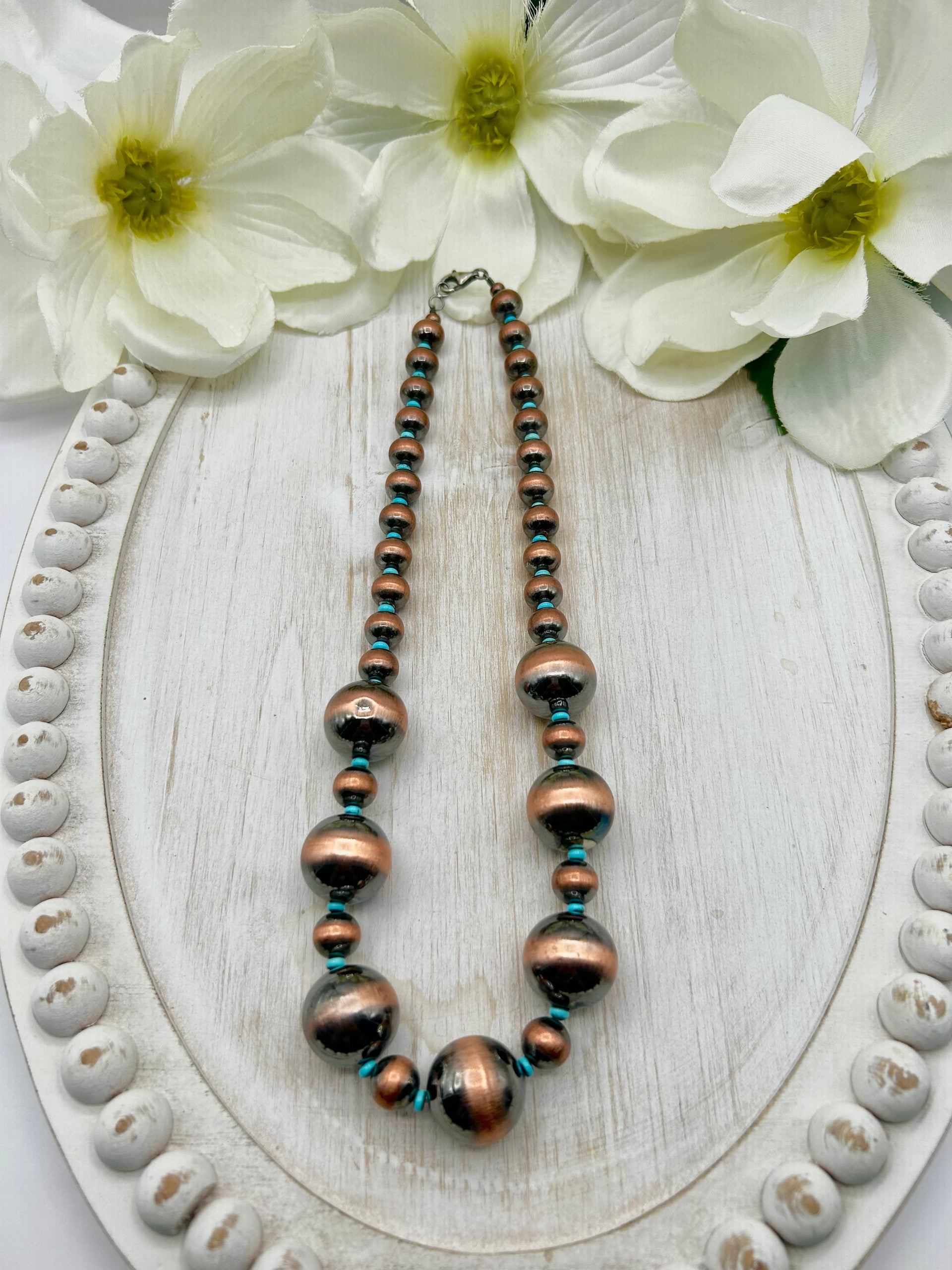 Navajo Made Strung Kingman Turquoise & Copper Necklace
