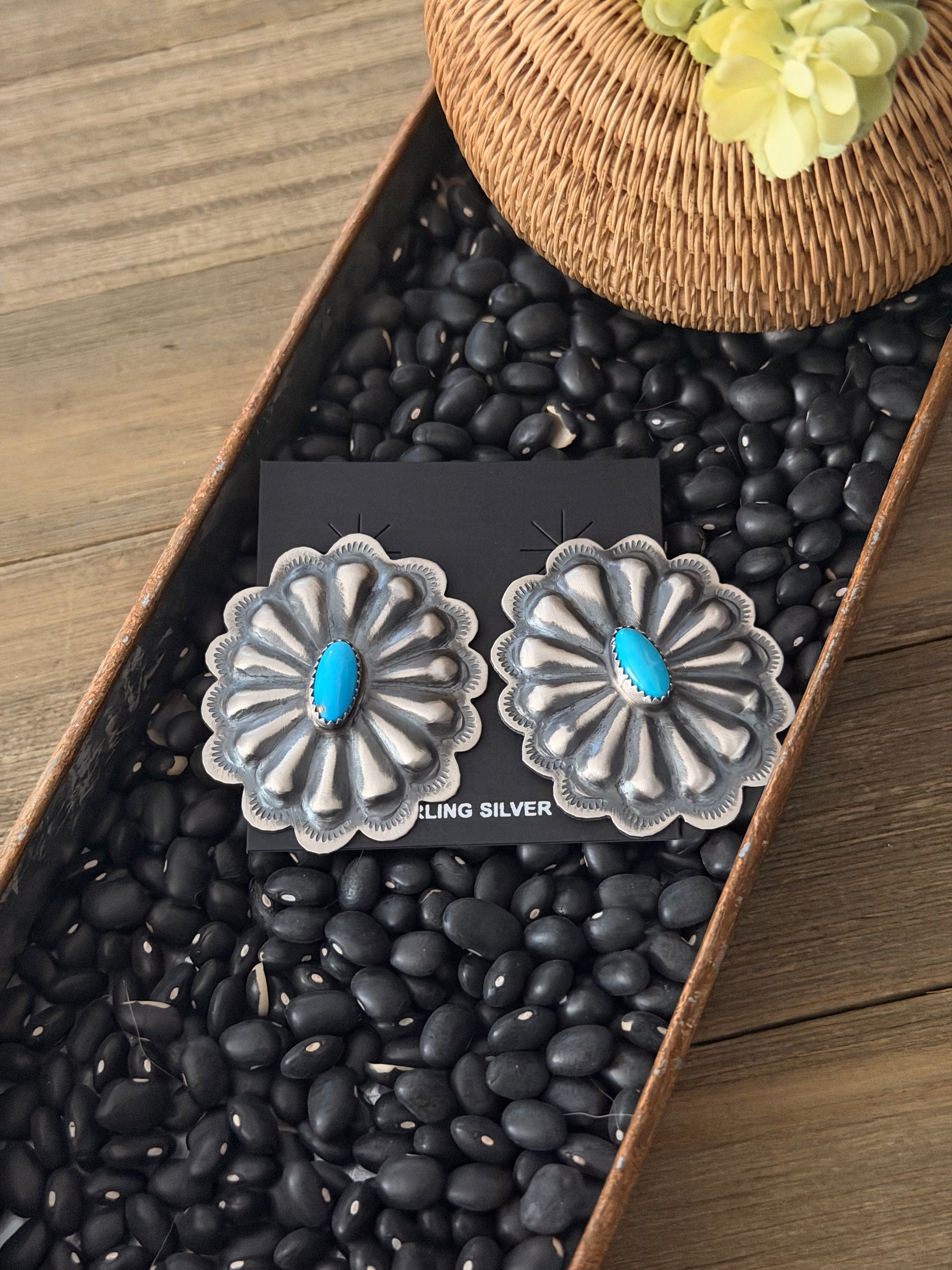 Navajo Made Kingman Turquoise & Sterling Silver Post Concho Earrings