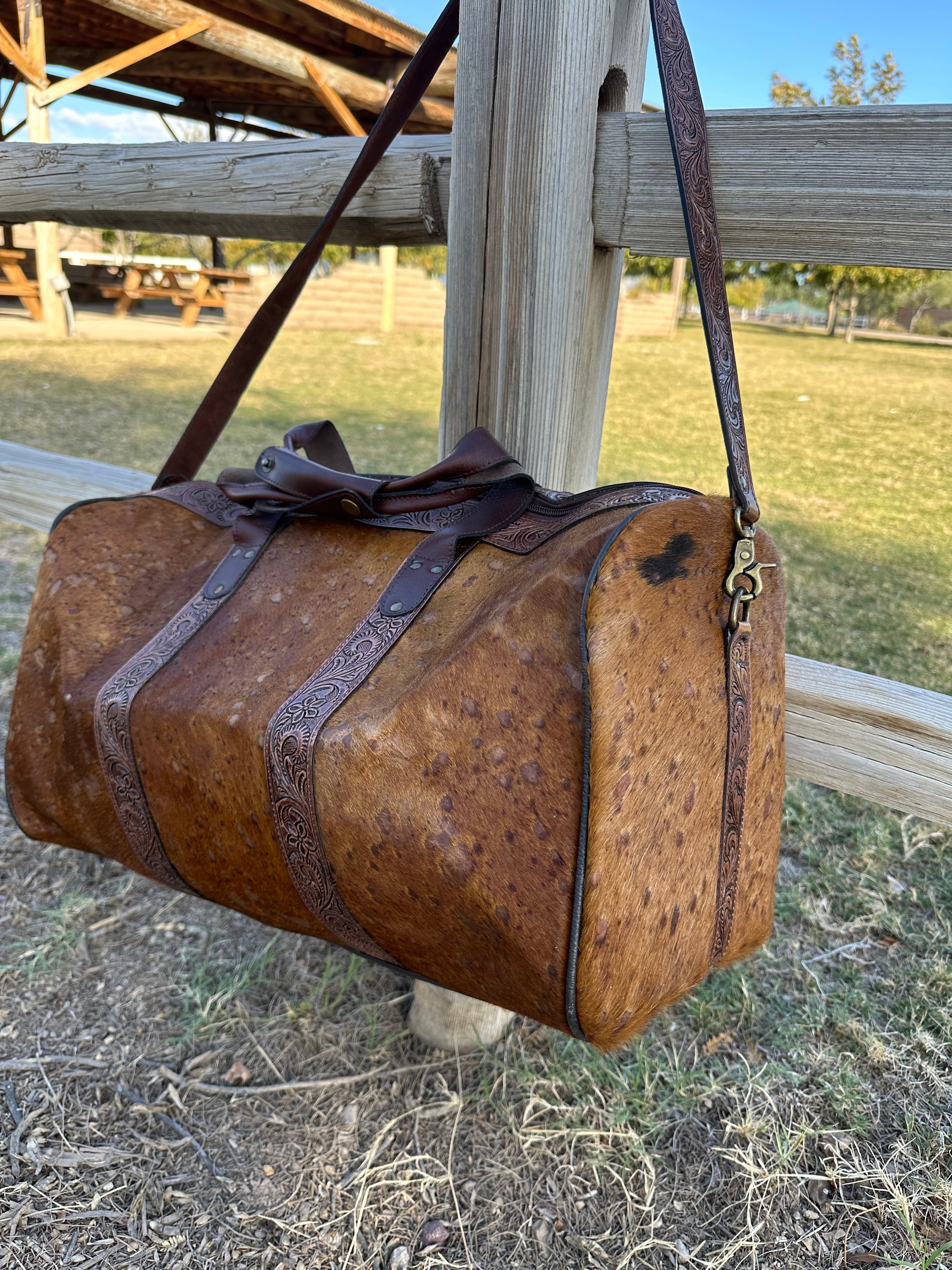 Genuine Tooled Leather Cowhide Duffle Bag