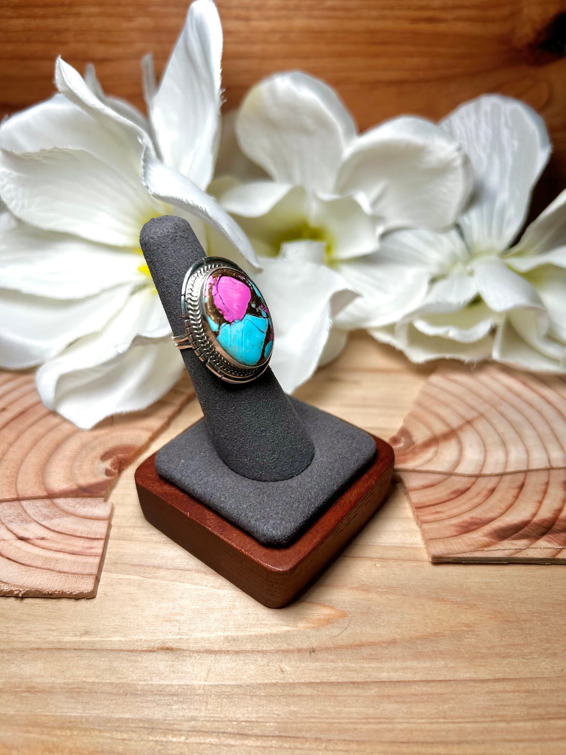 Dave Skeets Cotton Candy Dahlia & Sterling Silver Ring Size 5.75