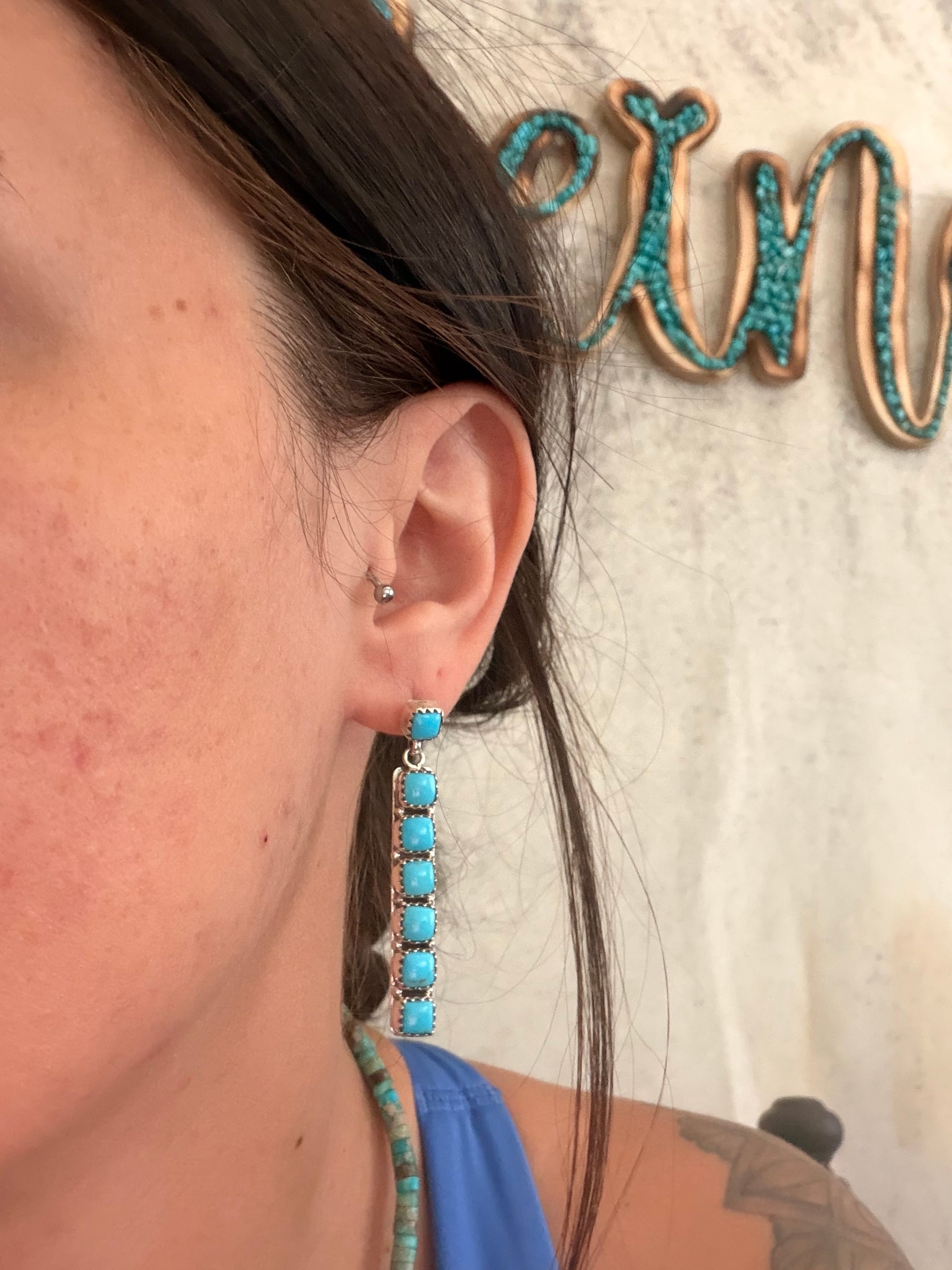 Navajo Made Sleeping Beauty Turquoise & Sterling Silver Post Dangle Earrings