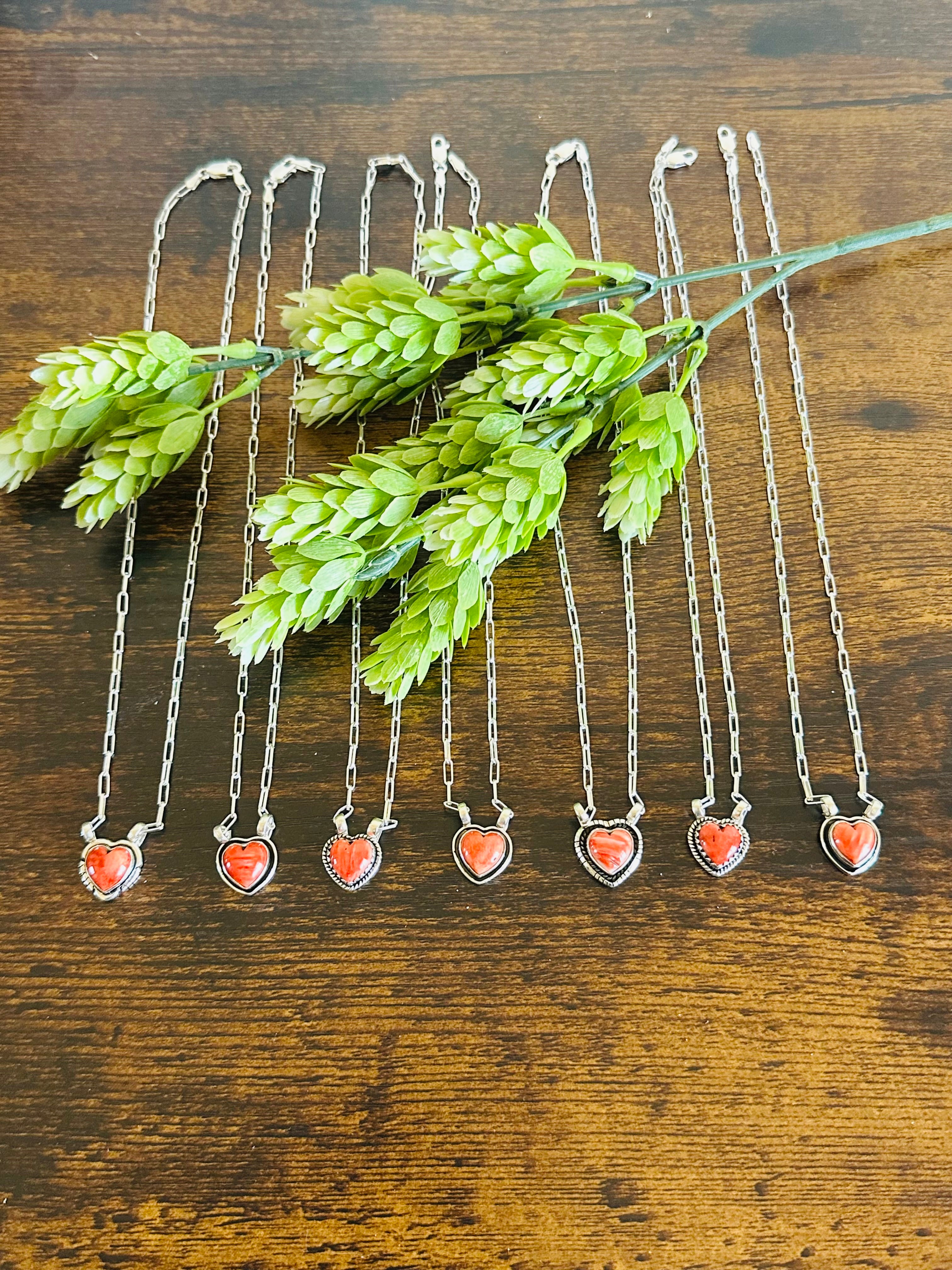 Navajo Made Spiny Oyster & Sterling Silver Heart Necklace